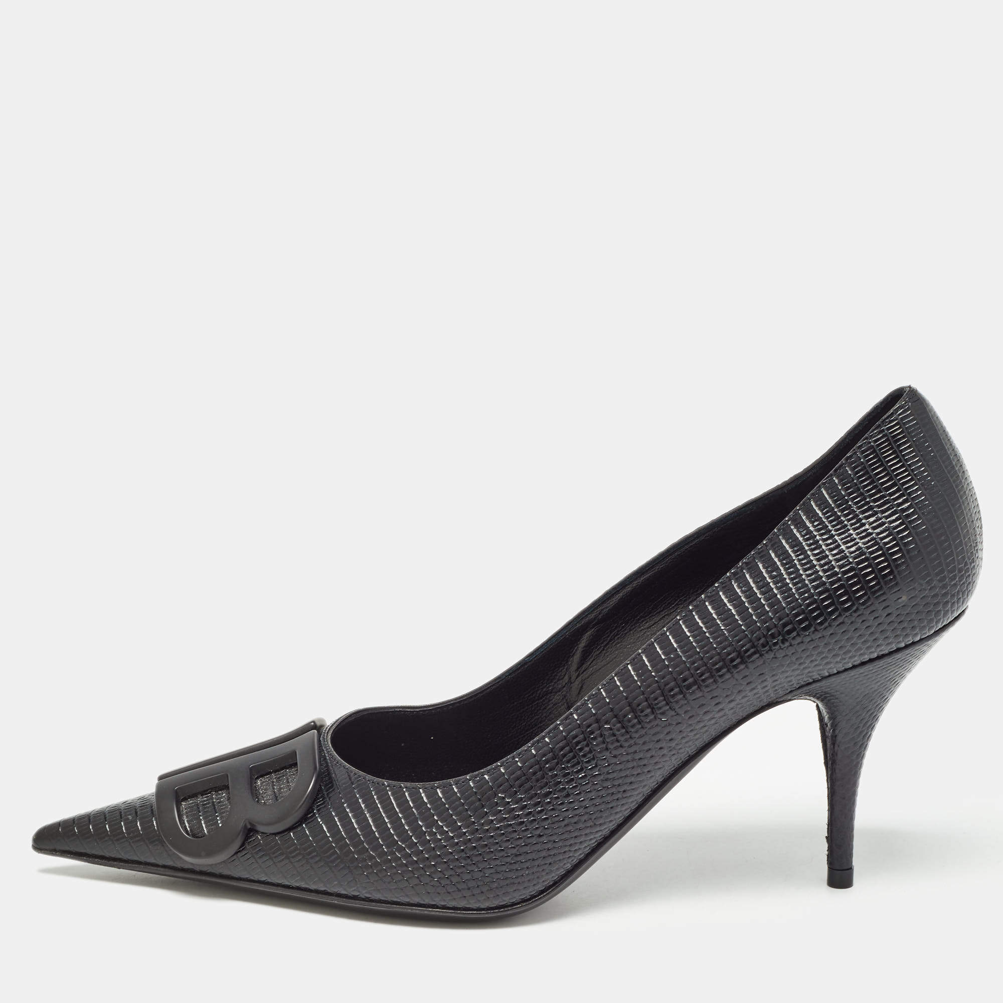 Pre Owned Balenciaga Black Lizard Embossed Leather Knife BB Pumps Size 37