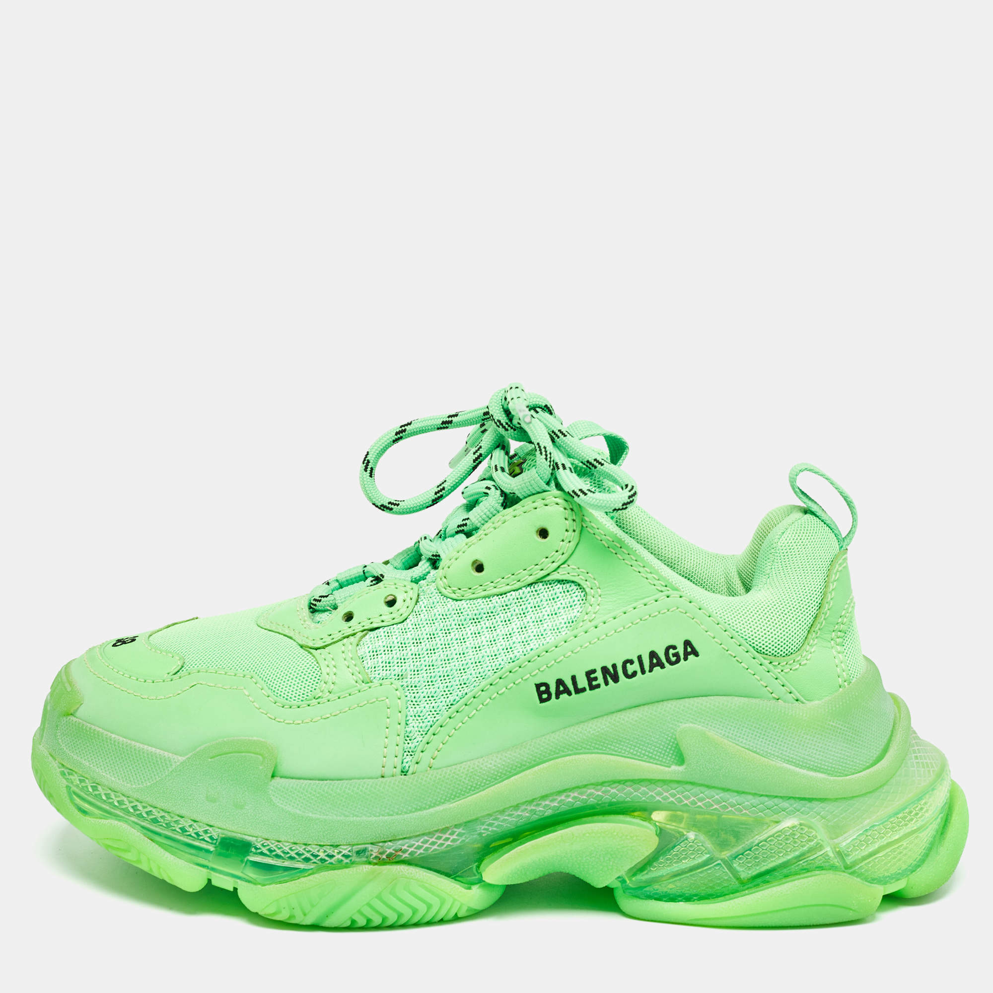 Balenciaga Neon Green Mesh and Leather Triple S Sneakers Size 38