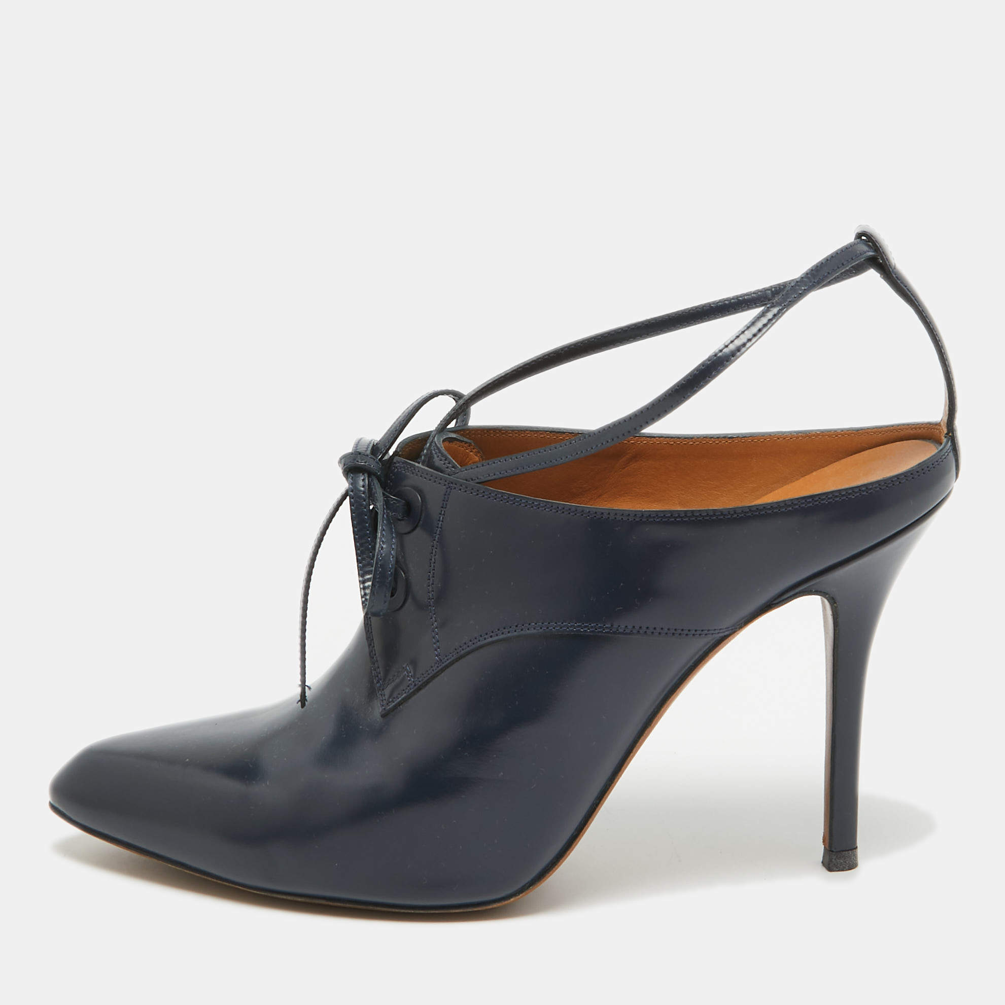 Pre Owned Balenciaga Navy Blue Leather Lace Up Ankle Booties Size 40