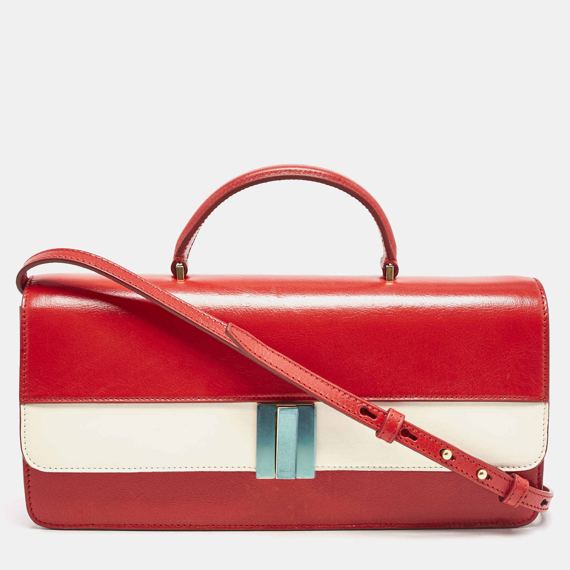 Bally Red/White Leather East/West Ollam Brief Top Handle Bag