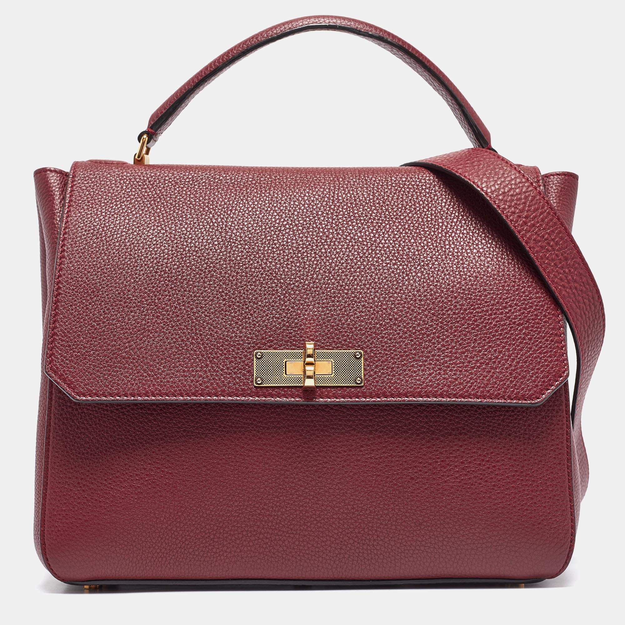 Bally Burgundy Leather B Turnlock Top Handle Bag