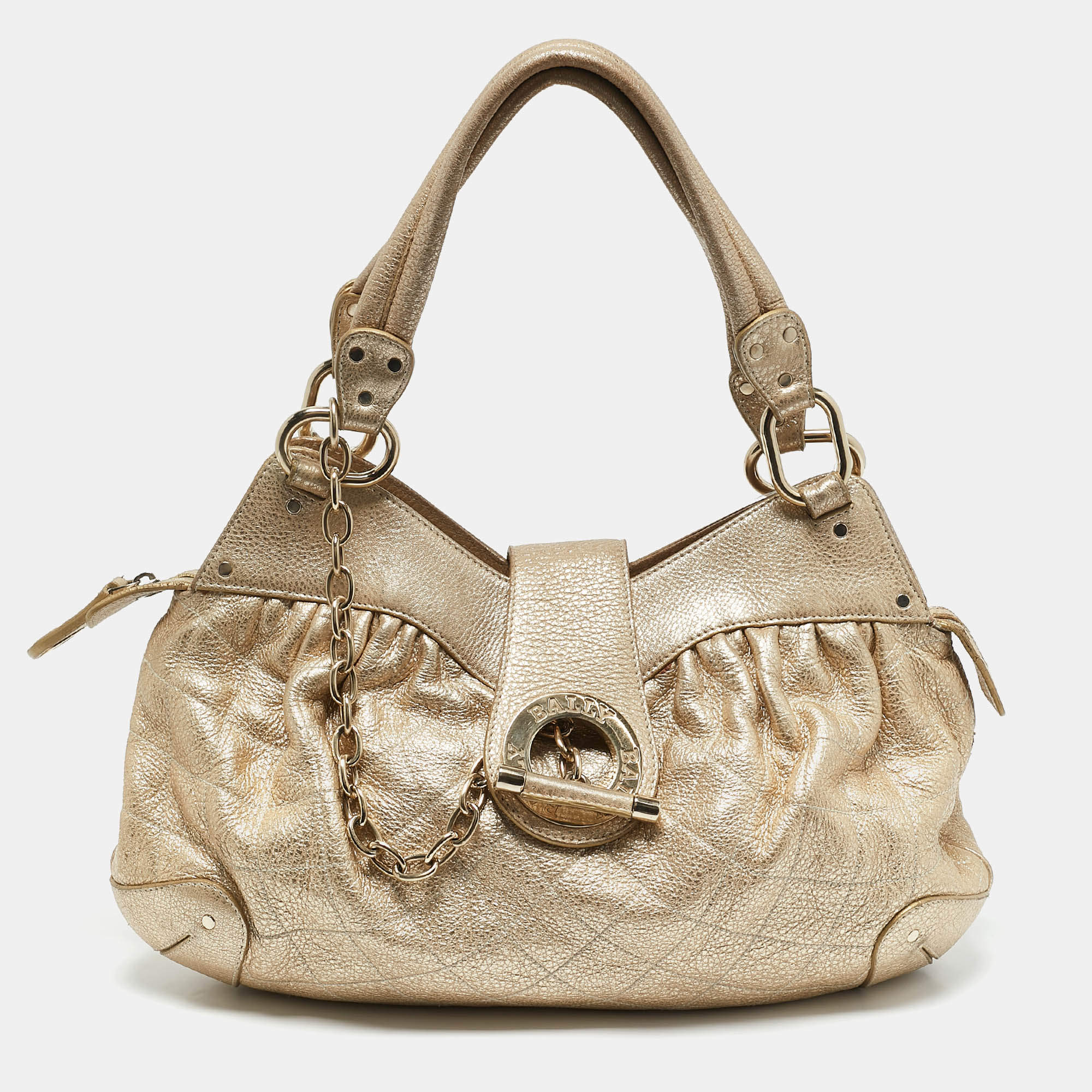 Bally Gold Quilted Leather Meg T Shoulder Bag