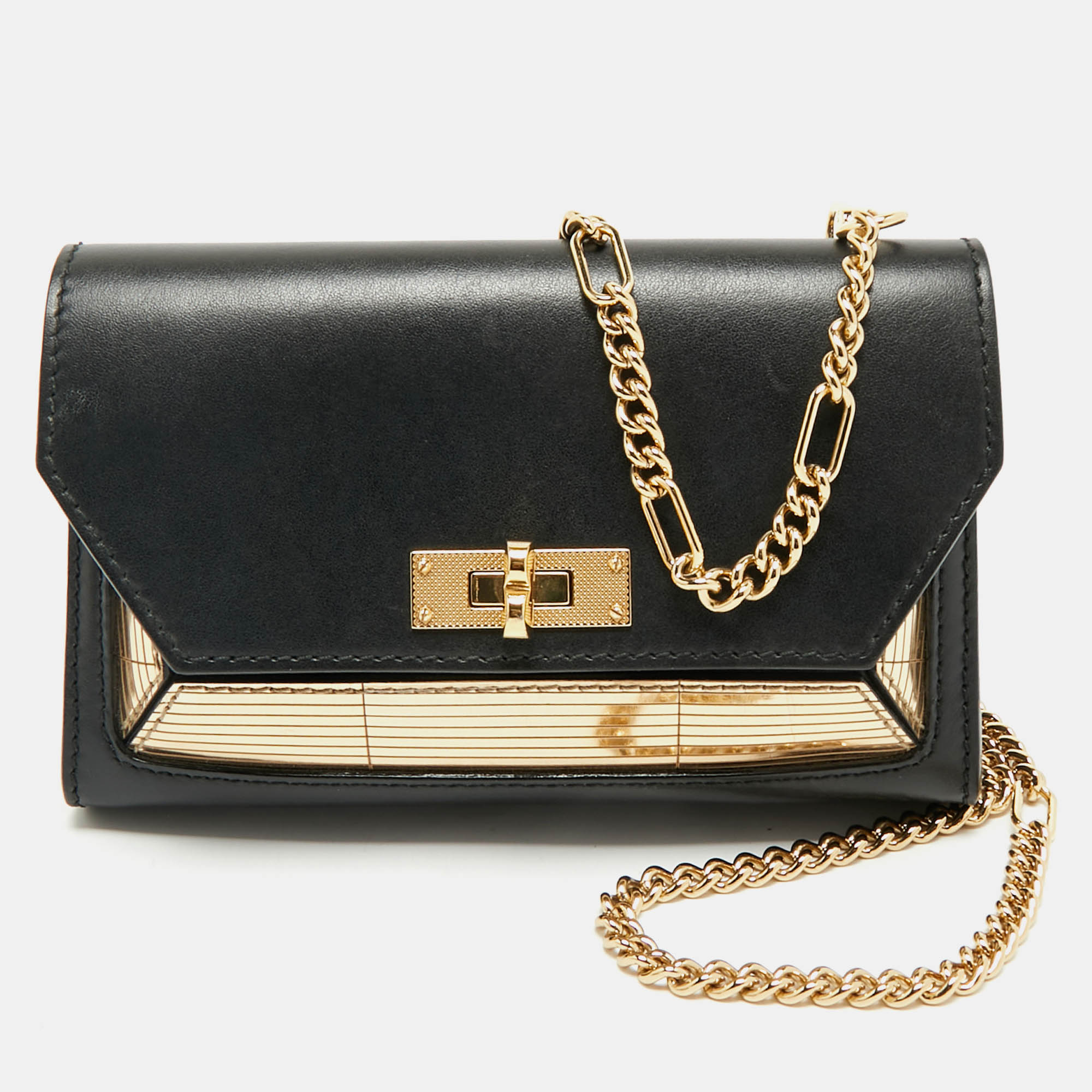 Pre Owned Bally Black/Gold Leather Suzy Chain Clutch