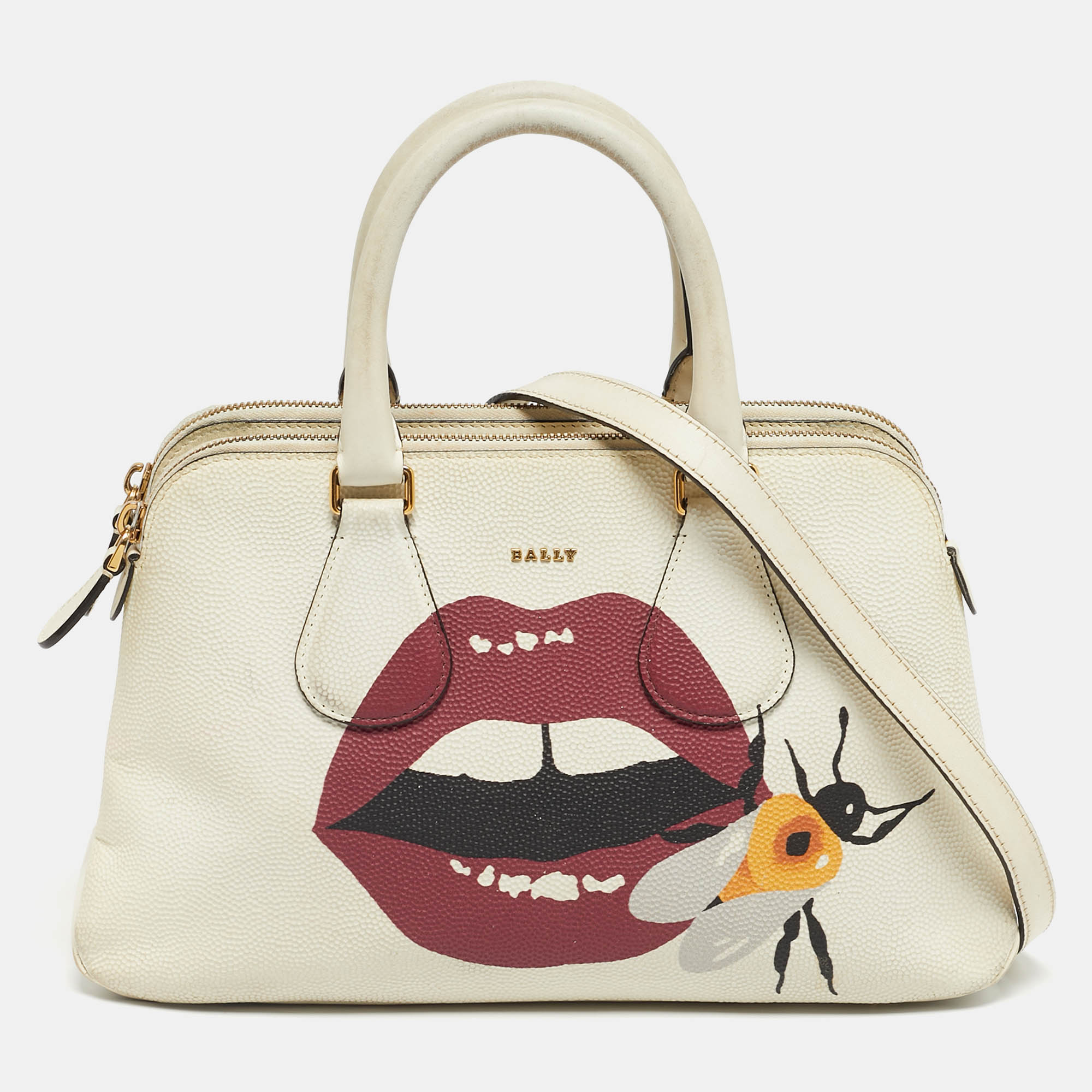 Pre Owned Bally White Leather Berekely Lip Print Bag