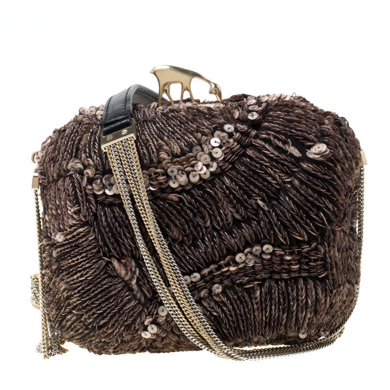 Pre Owned Bally Brown Sequins Embellished Clutch Bag