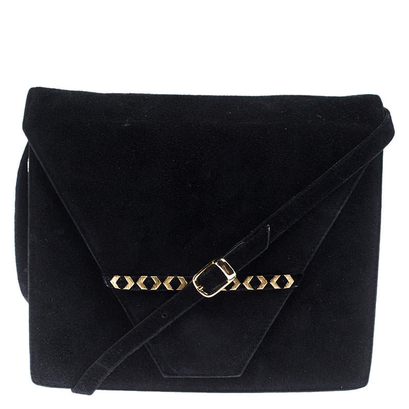 Bally Black Suede and Leather Flap Crossbody Bag