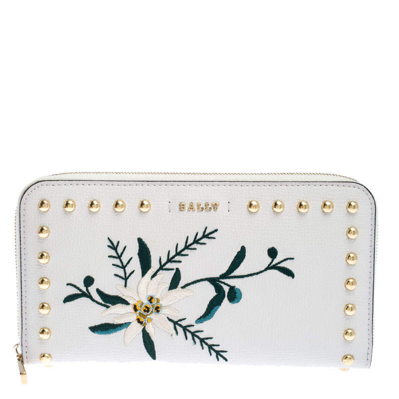 Bally Cream Leather Studded Embroidered Zip Around Wallet
