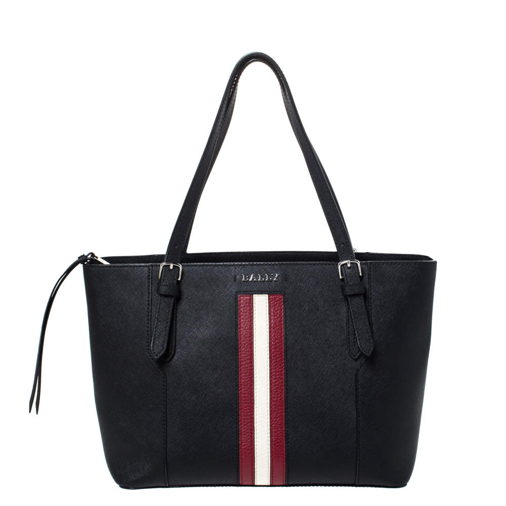 Bally Black Leather Striped Tote