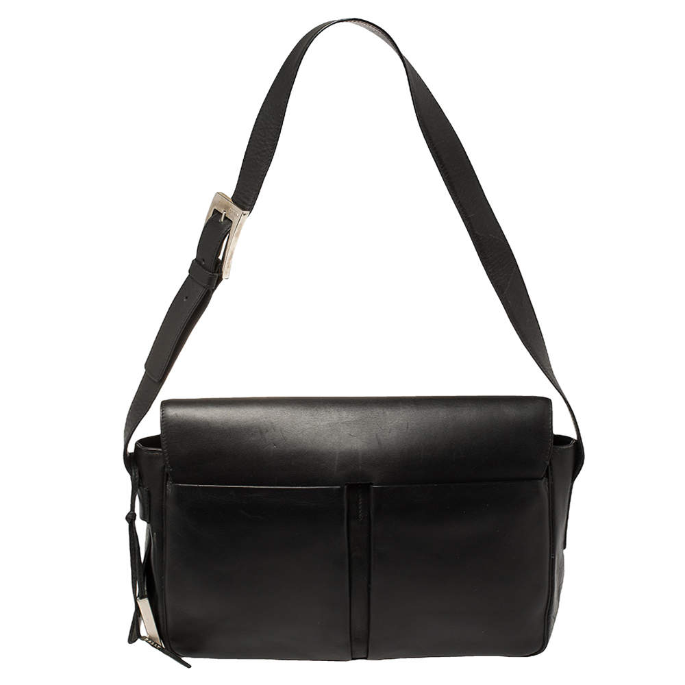 Bally Black Leather Double Pocket Flap Shoulder Bag