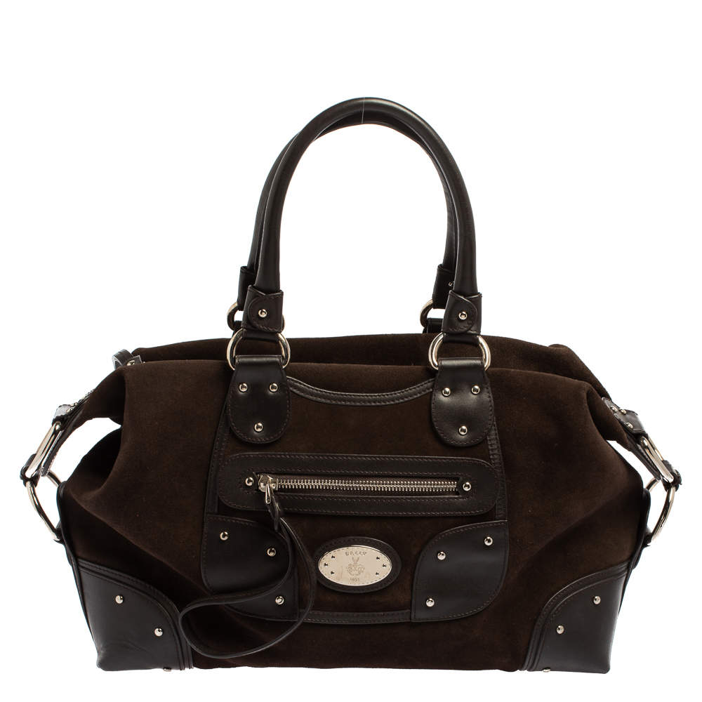 Pre Owned Bally Brown Suede and Leather Zip Pocket Satchel