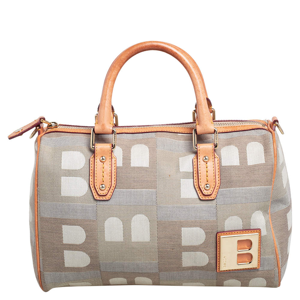 Bally Beige/Grey Monogram Fabric and Leather Boston Bag Bally Beige/Grey Monogram Fabric and Leather Boston Bag