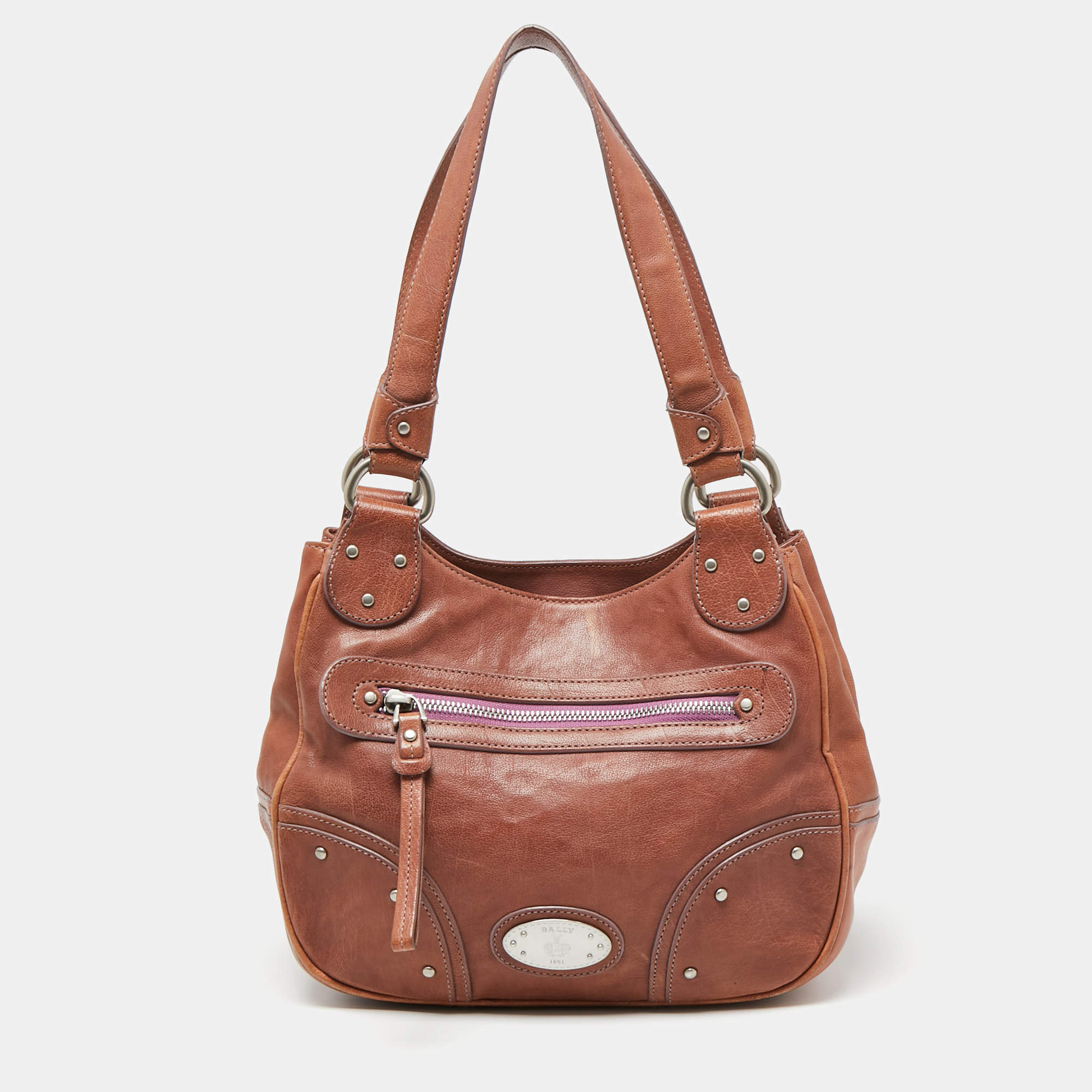 Pre Owned Bally Brown Leather Front Pocket Hobo 