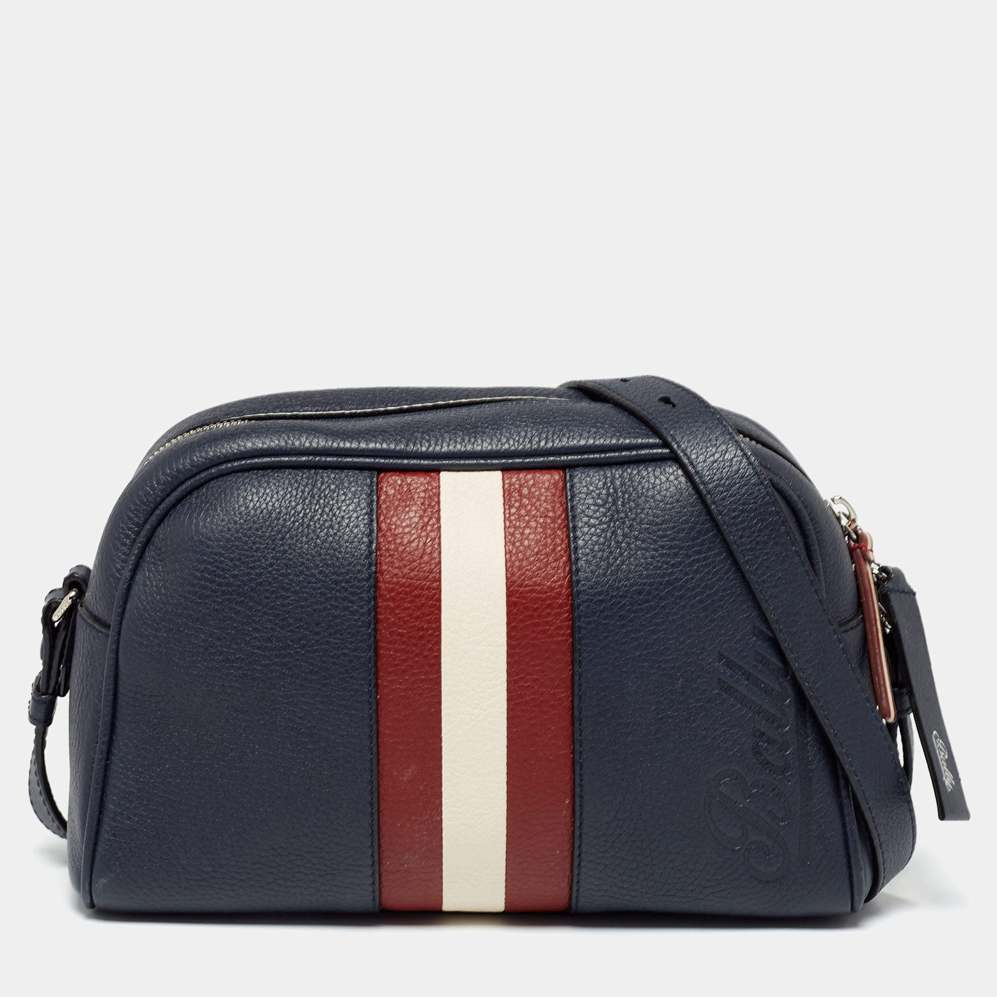 Pre Owned Bally Navy Blue Leather Zipped Crossbody Bag