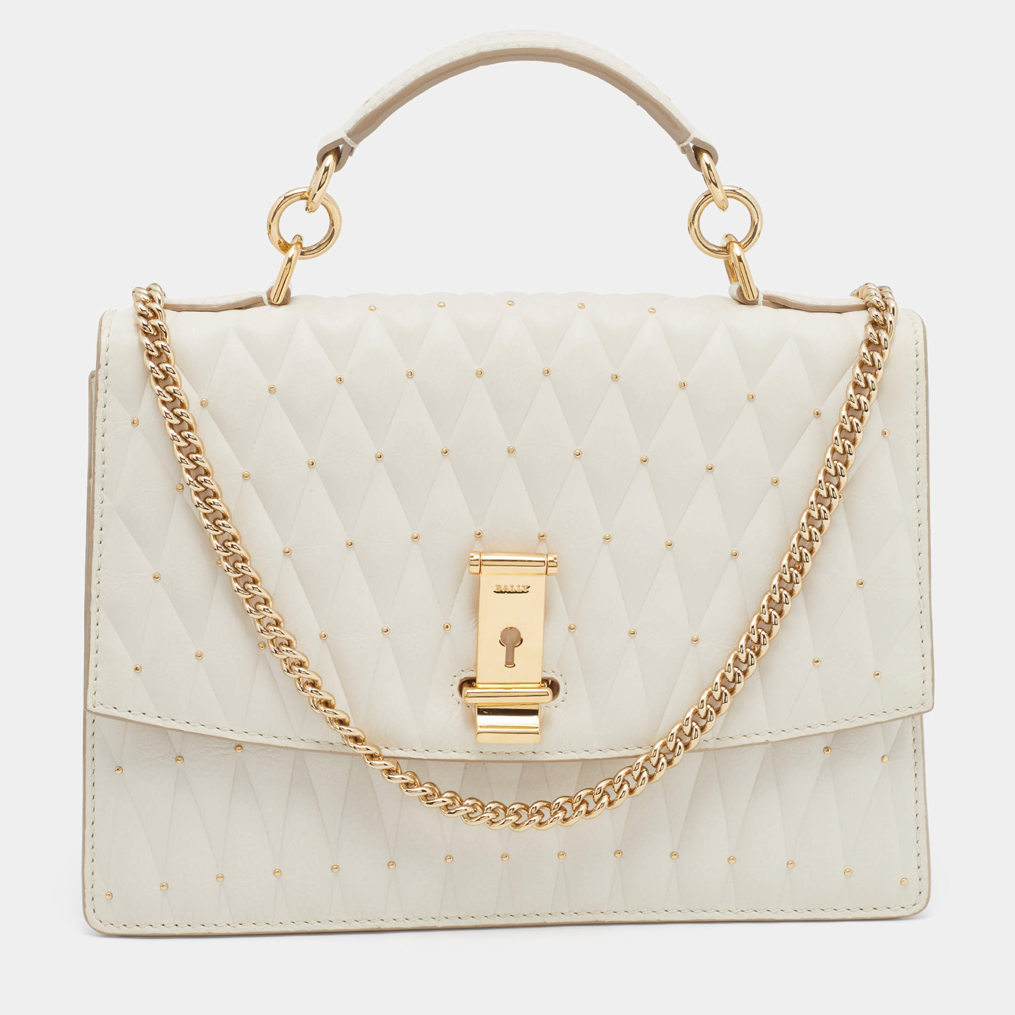 Bally Cream Quilted Leather Embellished Top Handle Bag