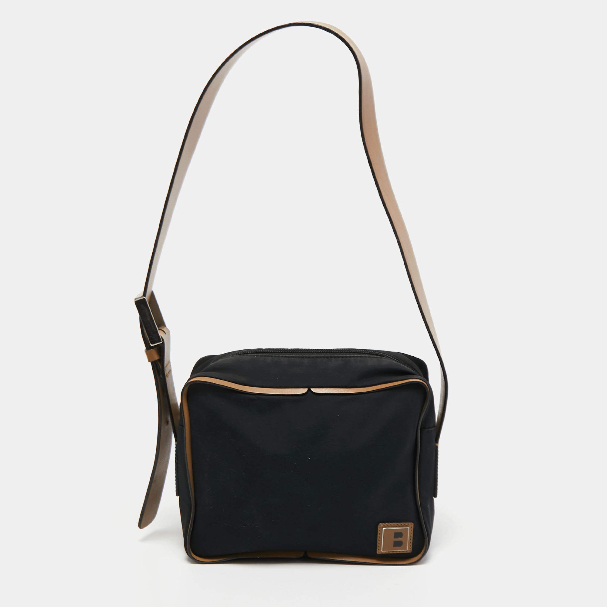 Bally Dark Blue/Beige Nylon and Leather Shoulder Bag