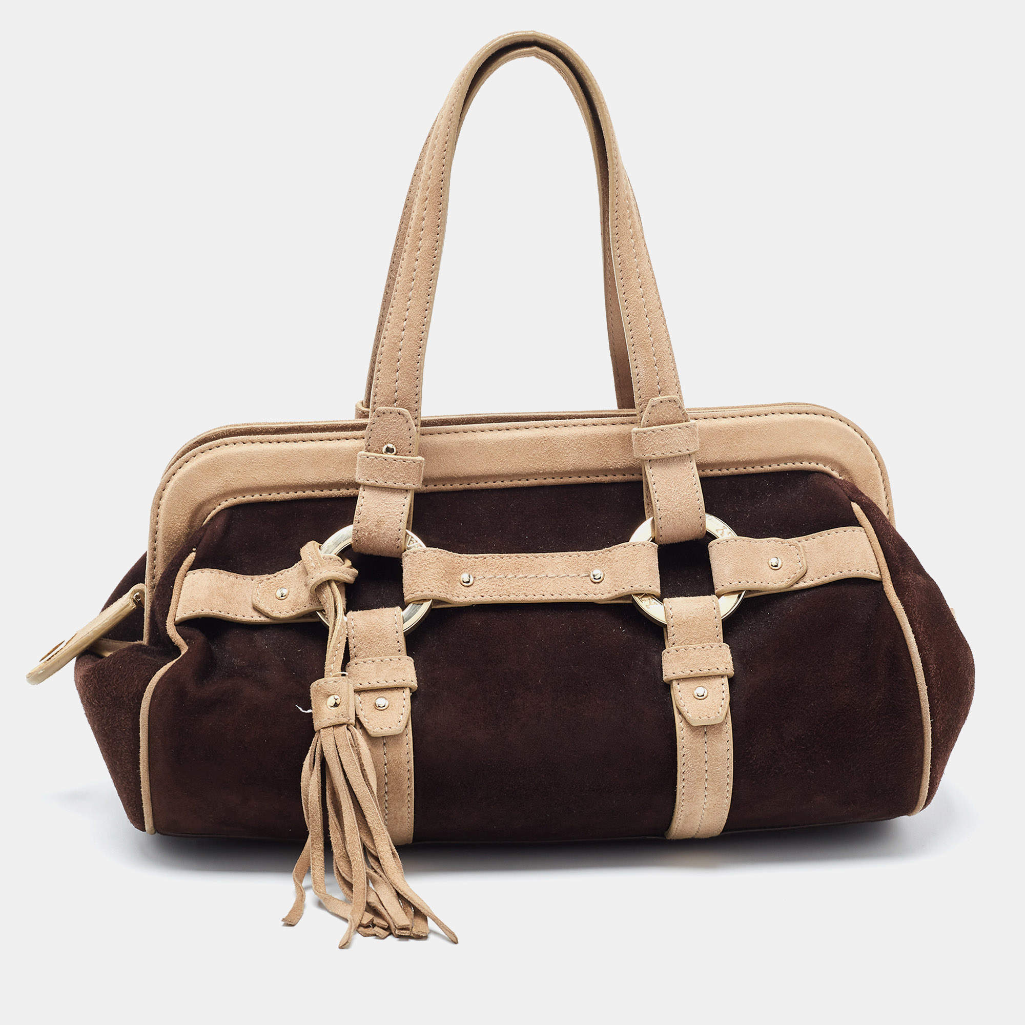 Bally Brown/Beige Suede Tassel Frame Satchel