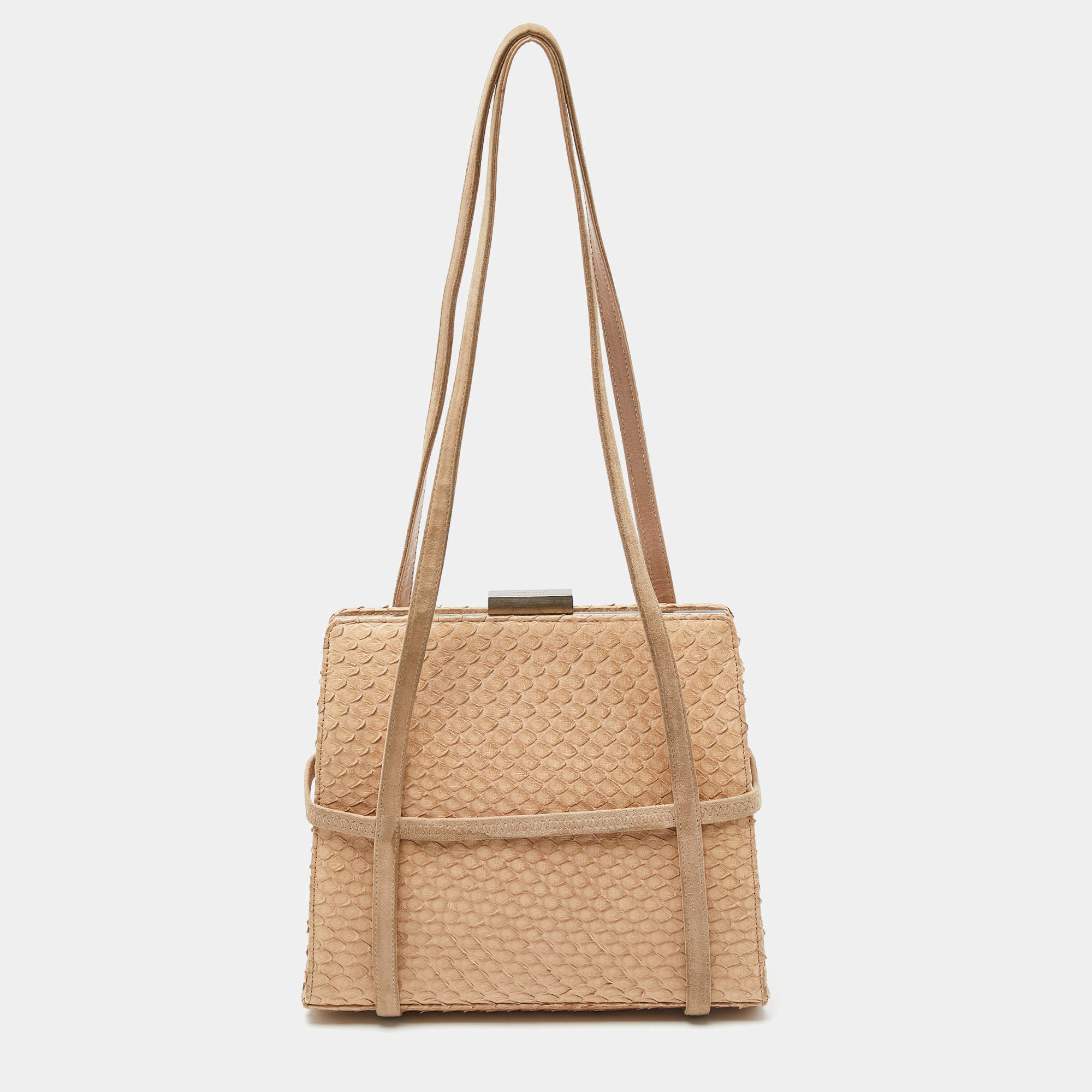 Bally Beige Watersnake Leather and Suede Metal Frame Shoulder Bag