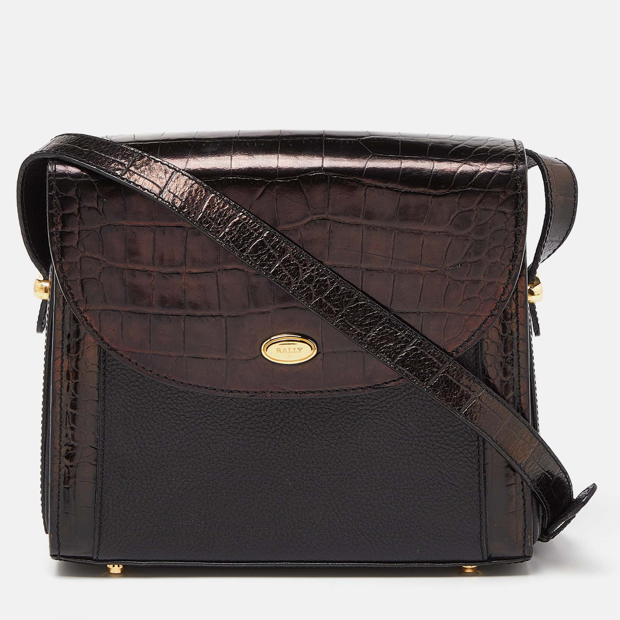Pre Owned Bally Black Leather and Croc Embossed Leather Vintage Flap Crossbody Bag