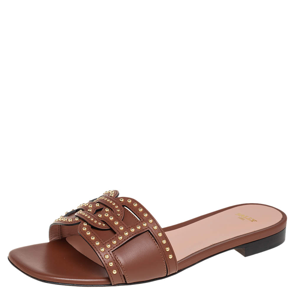 Pre Owned Bally Brown Leather Peoni Studs Flat Sandals Size 38