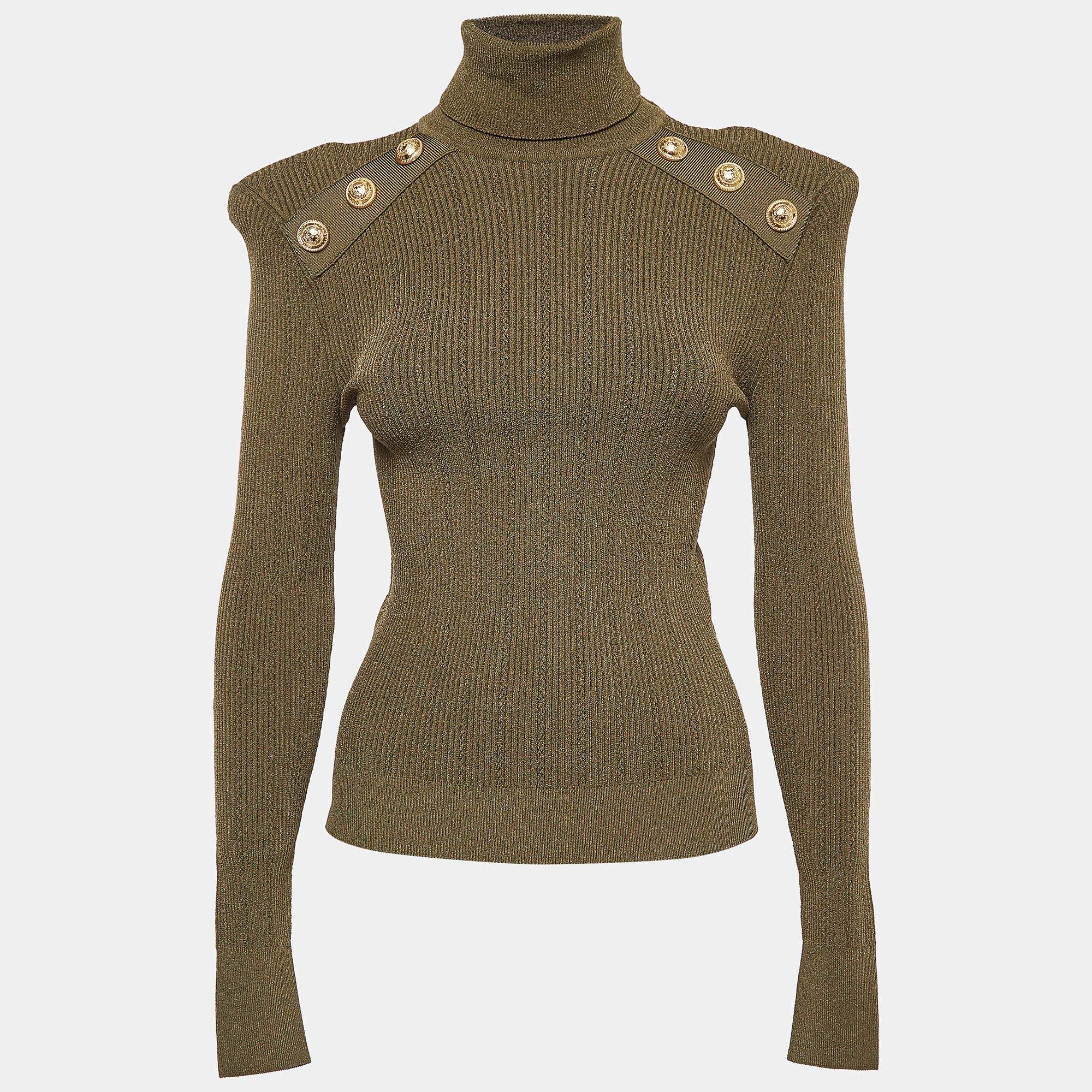 Pre Owned Balmain Olive Green Knit High Neck Button Detailed Sweater M