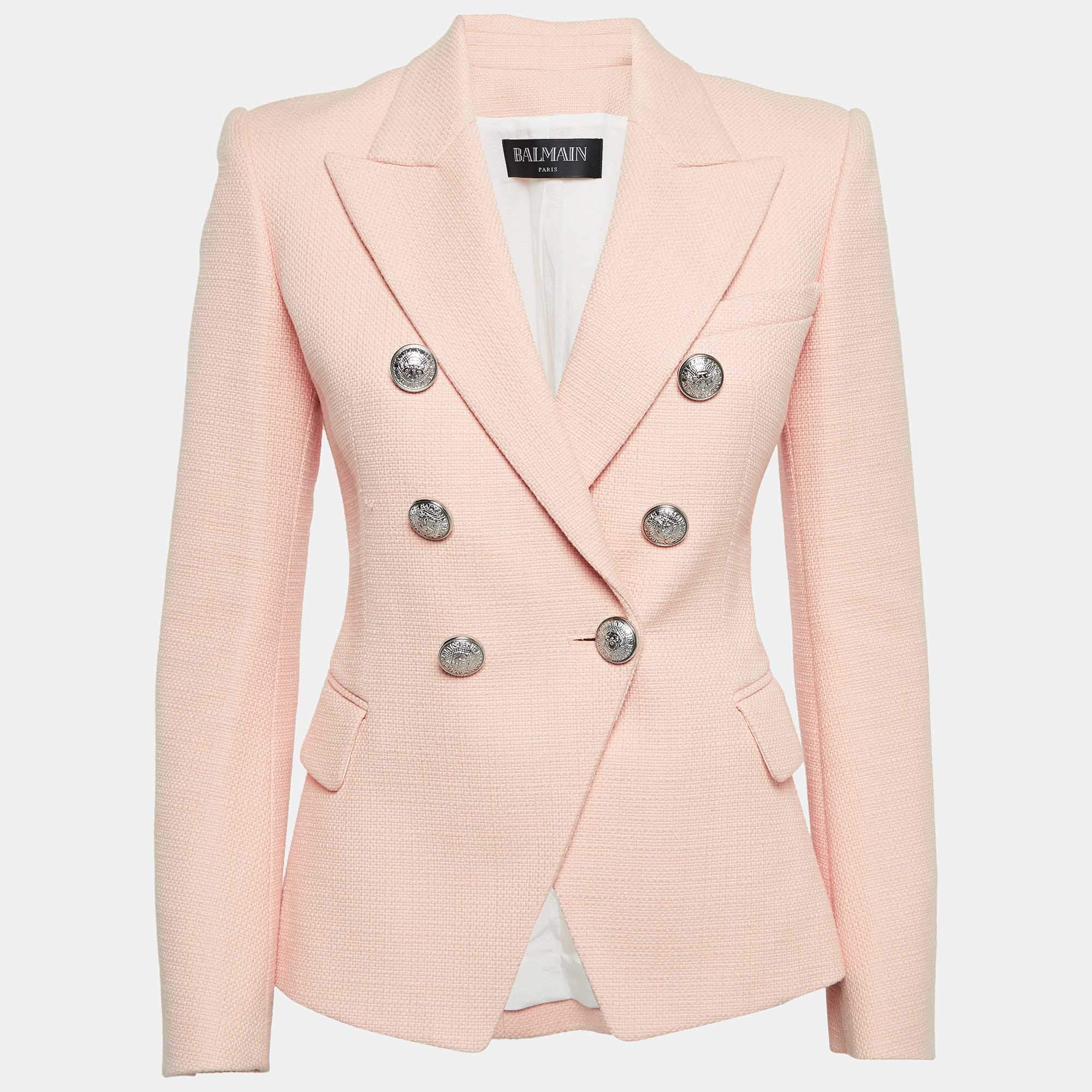 Balmain Pink Cotton Canvas Double Breasted Blazer S