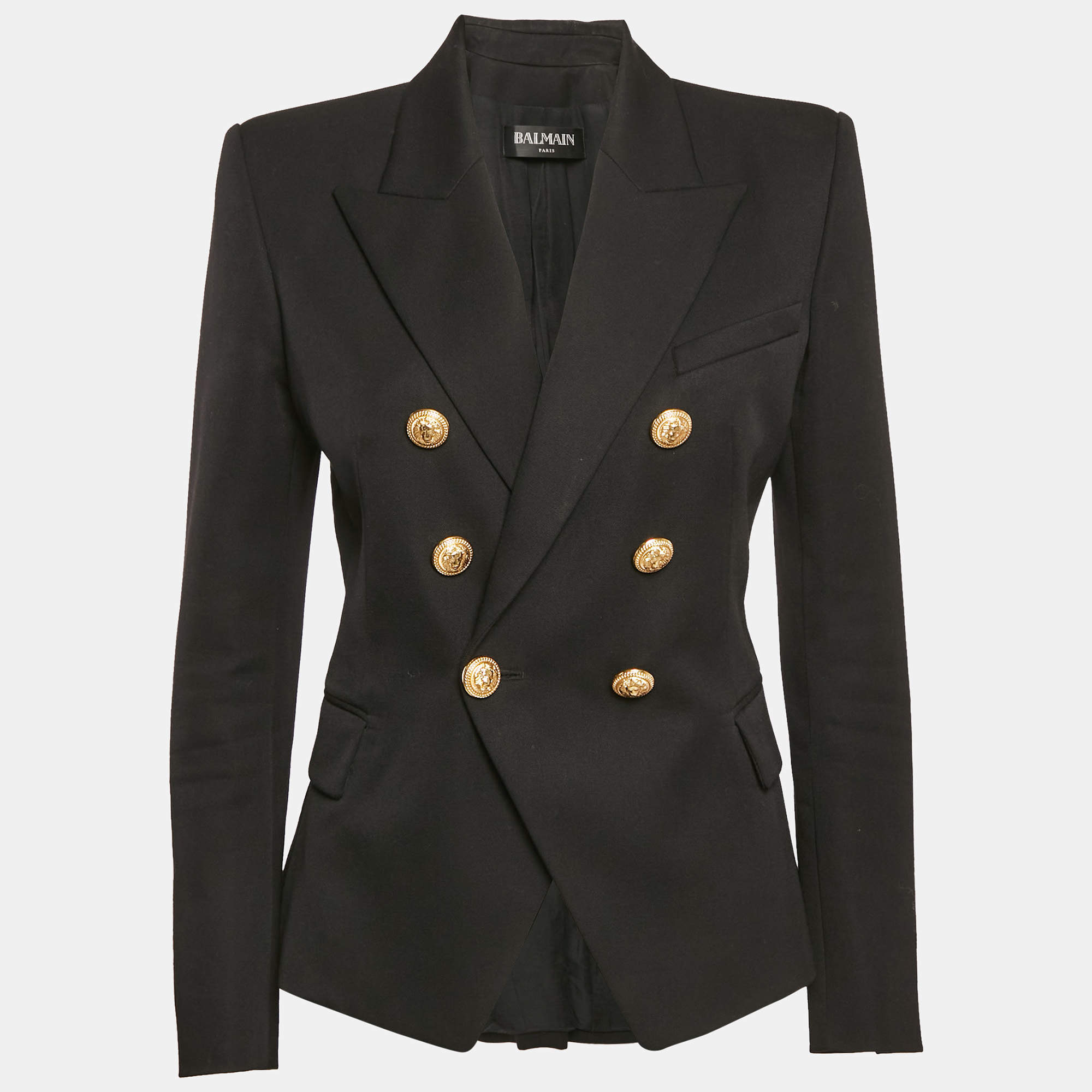 Balmain Black Wool Gabardine Button Detail Double Breasted Blazer M