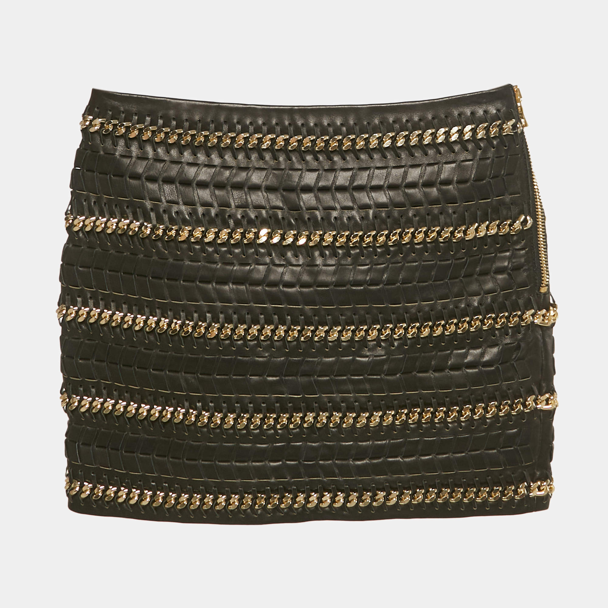 Pre Owned Balmain Black Leather Chain Detail Mini Skirt S