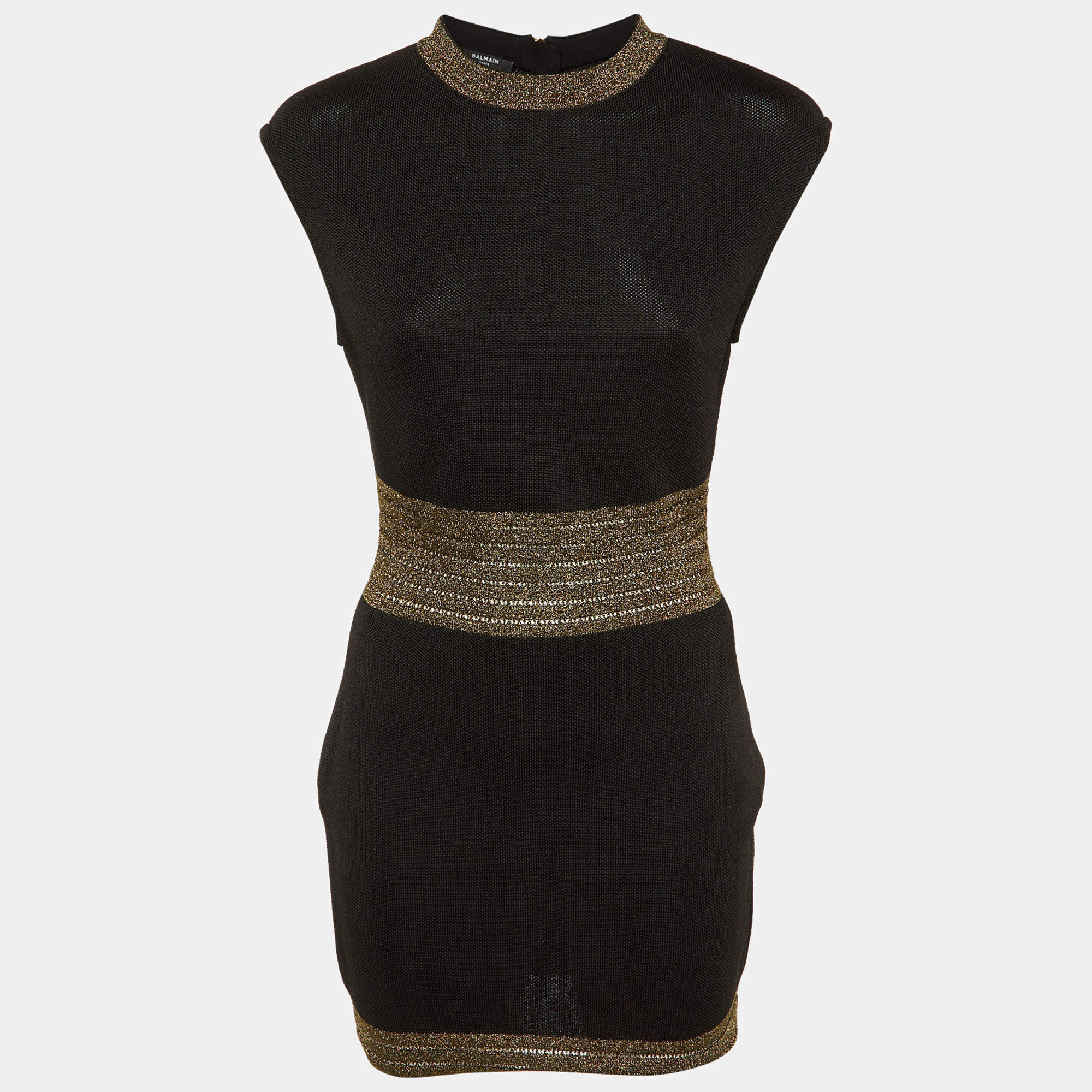 Pre Owned Balmain Black Knit & Lurex Trim Detail Mini Dress M
