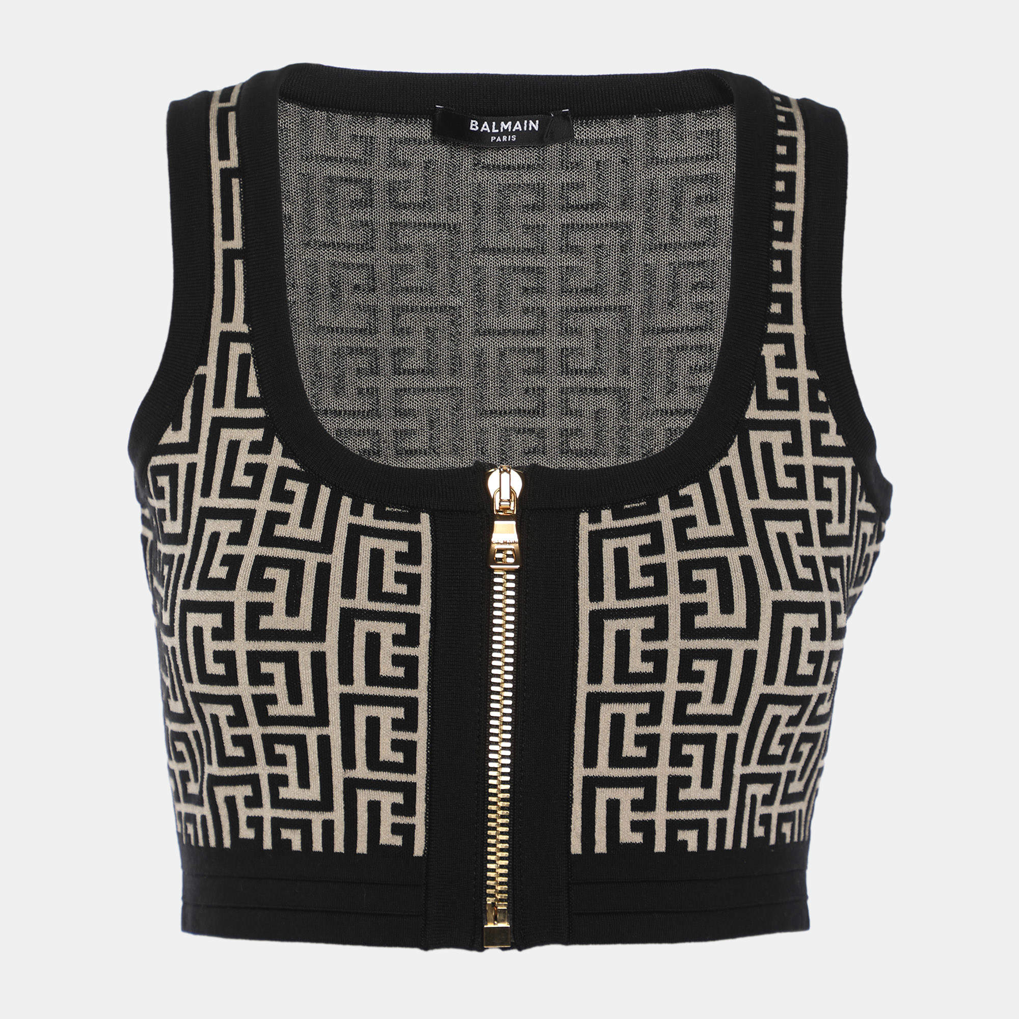 Pre Owned Balmain Black/Beige Wool jacquard Knit Crank Top S