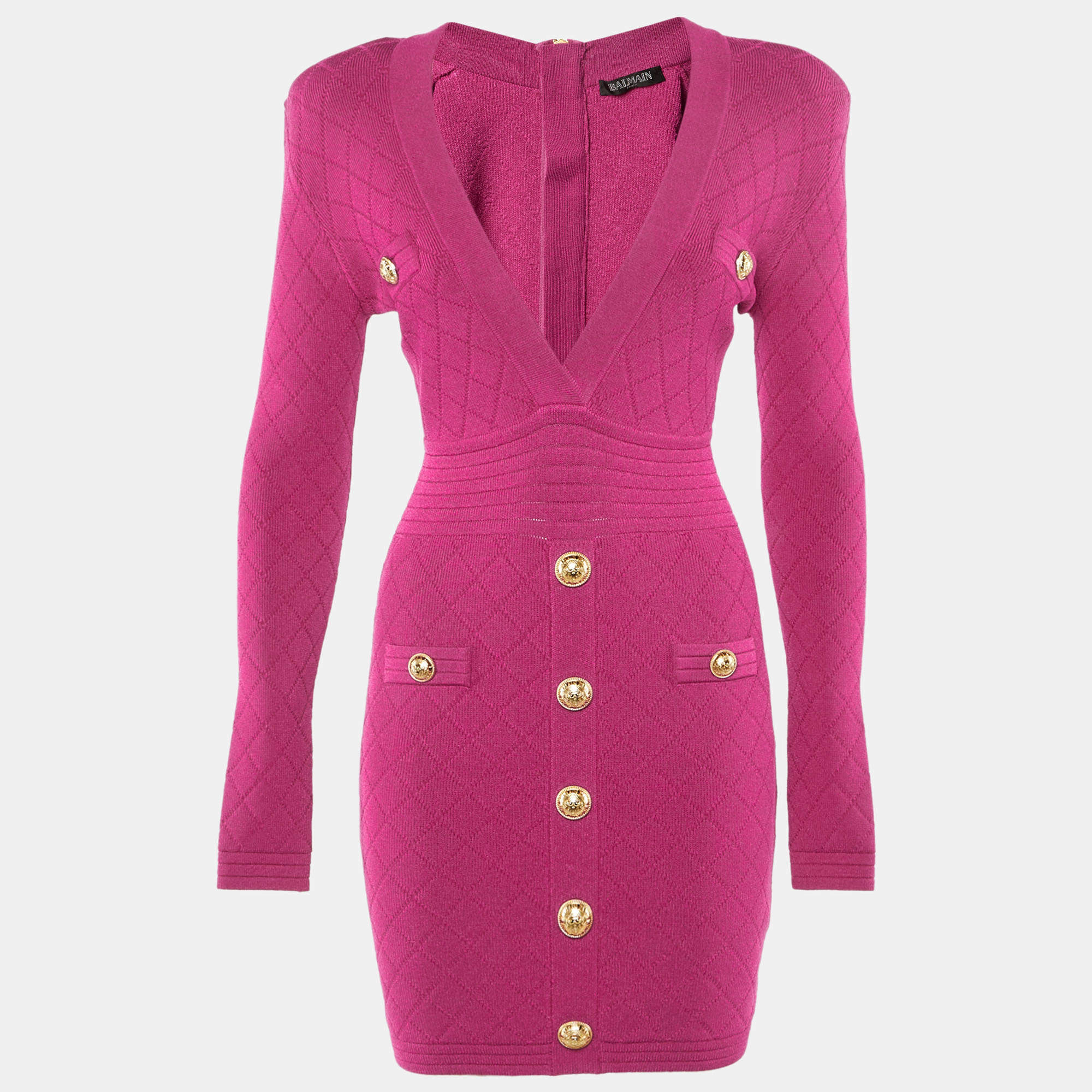 Pre Owned Balmain Pink Plunge Neck Knit Mini Dress S