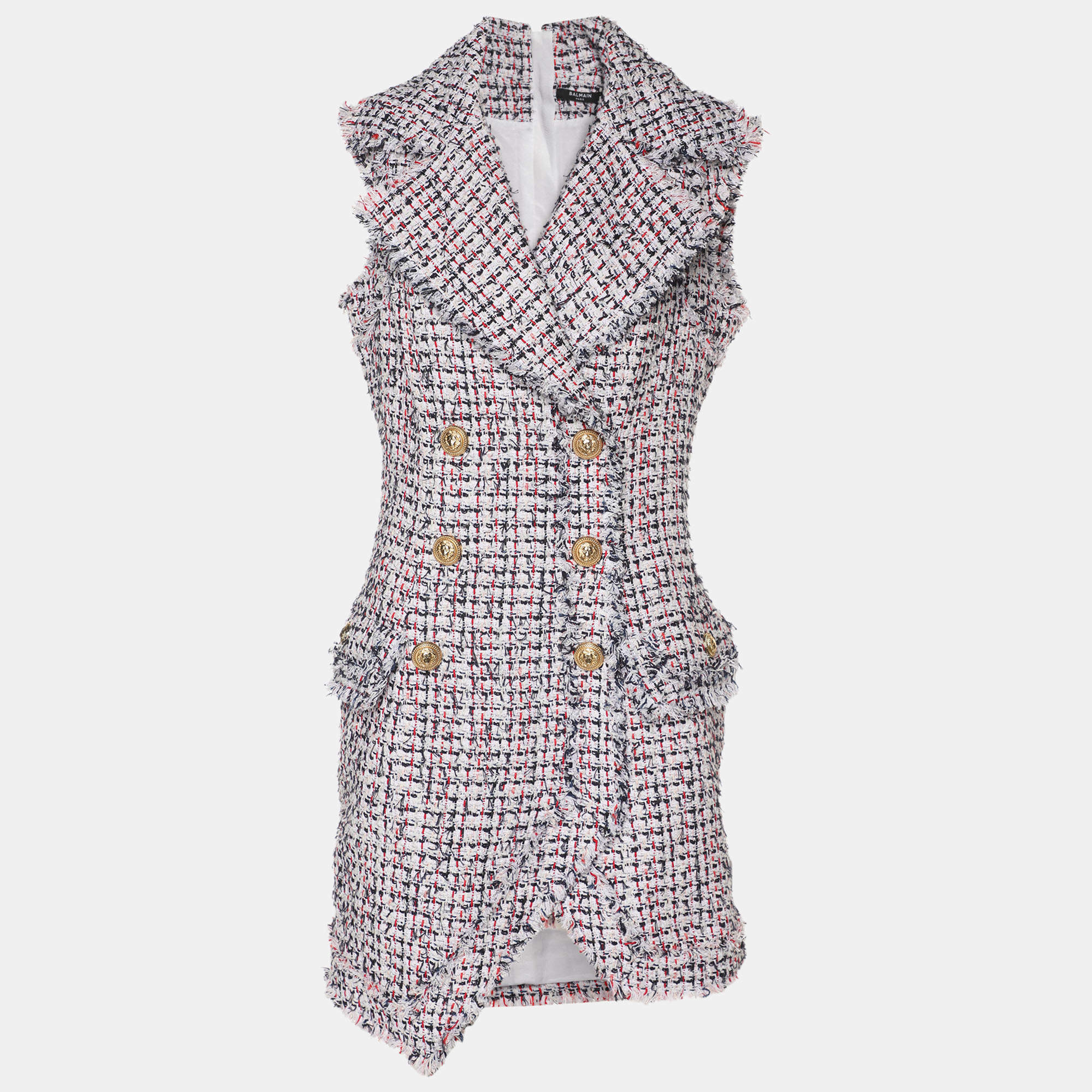 Pre Owned Balmain White/Multicolor Tweed Sleeveless Mini Dress M