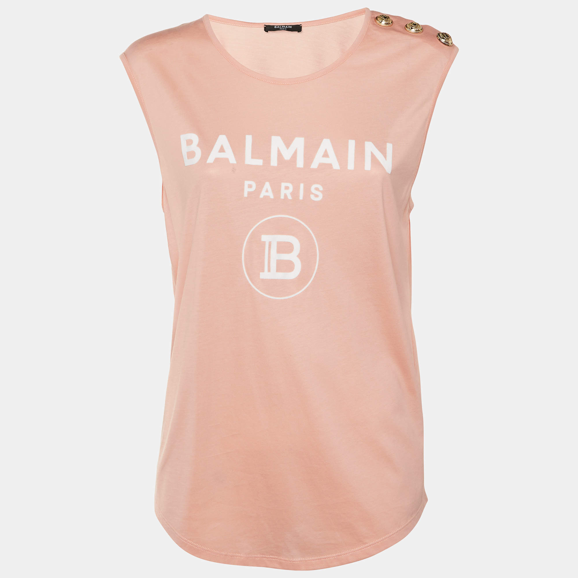 مملوكة مسبقًا Balmain Peach Logo Applique Cotton Sleeveless T-Shirt M 