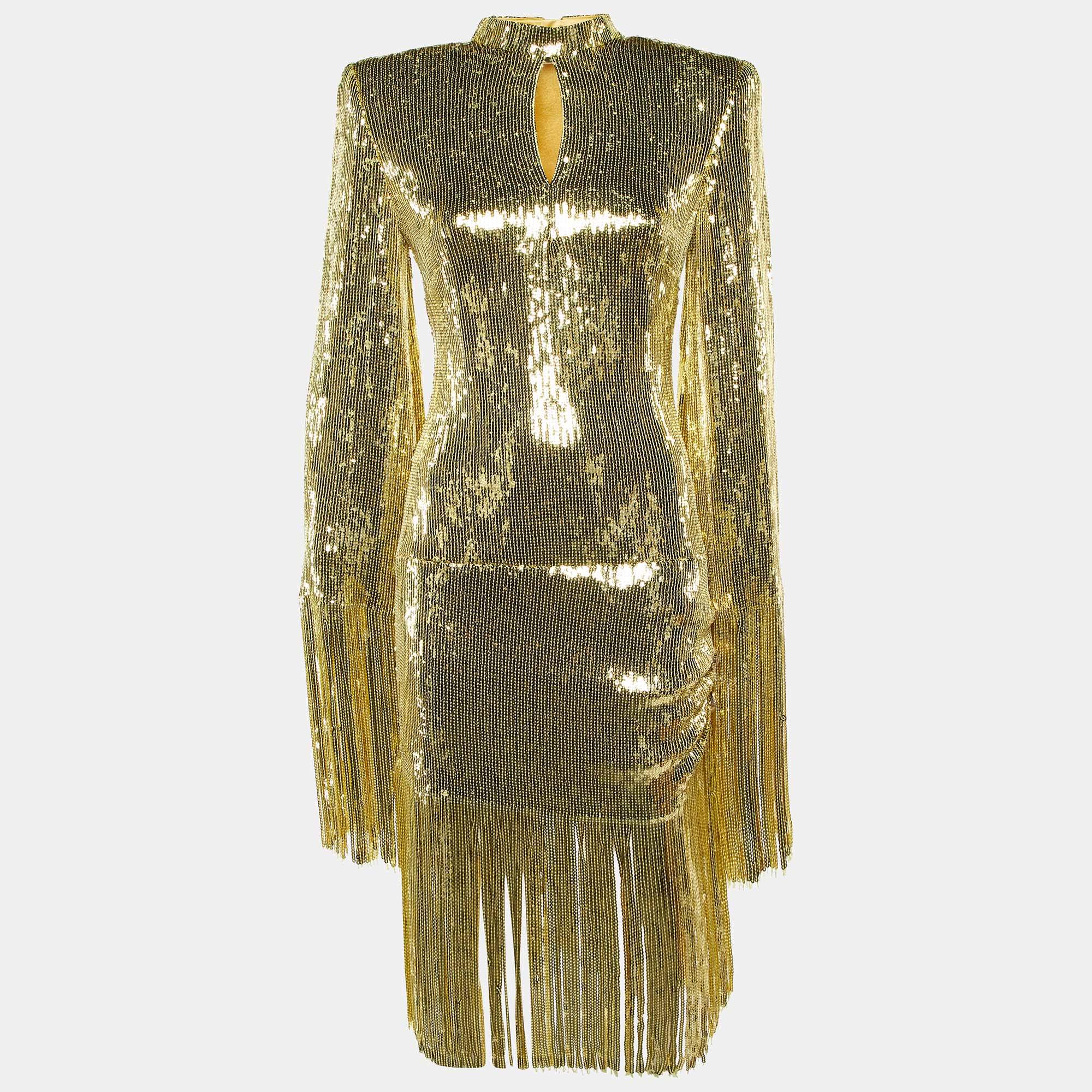 Pre Owned Balmain Gold Sequin Fringed Midi Dress M