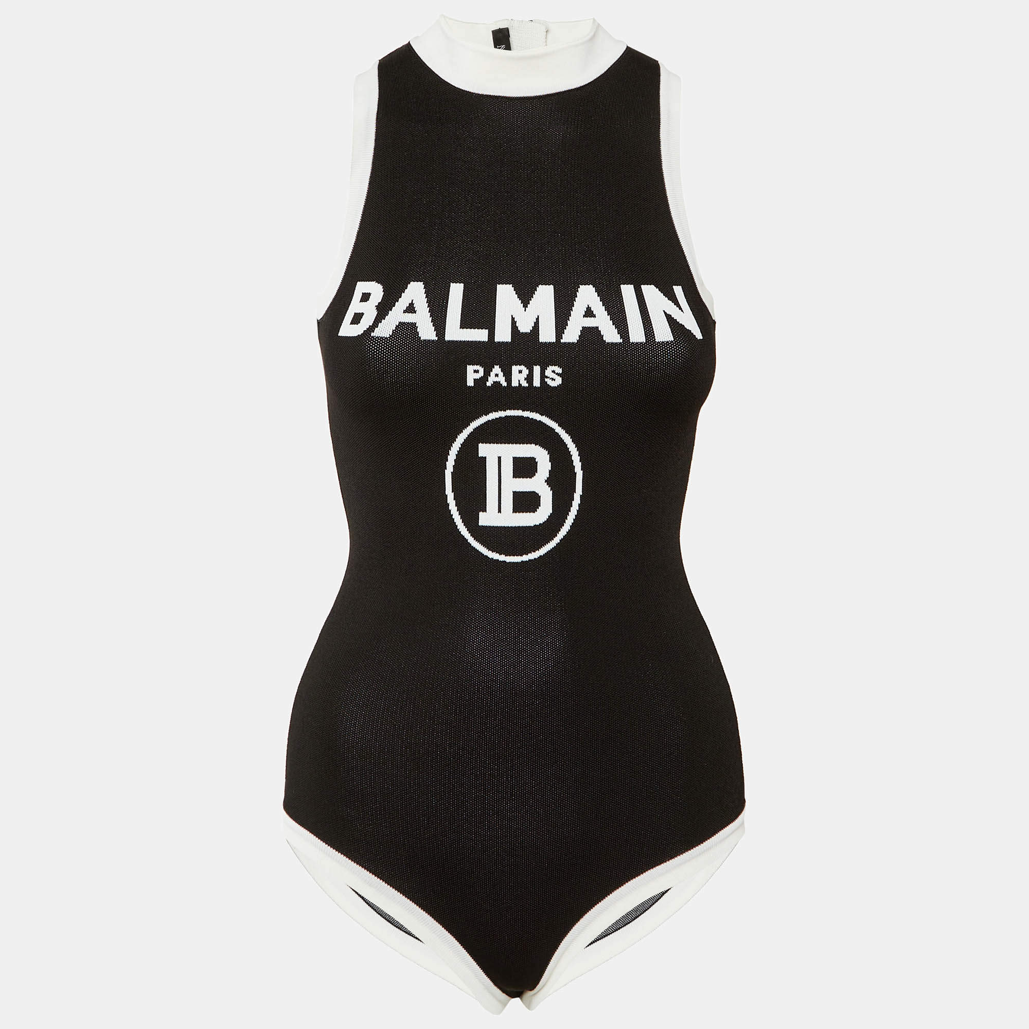 Pre Owned Balmain Monochrome Logo Knit Bodysuit S