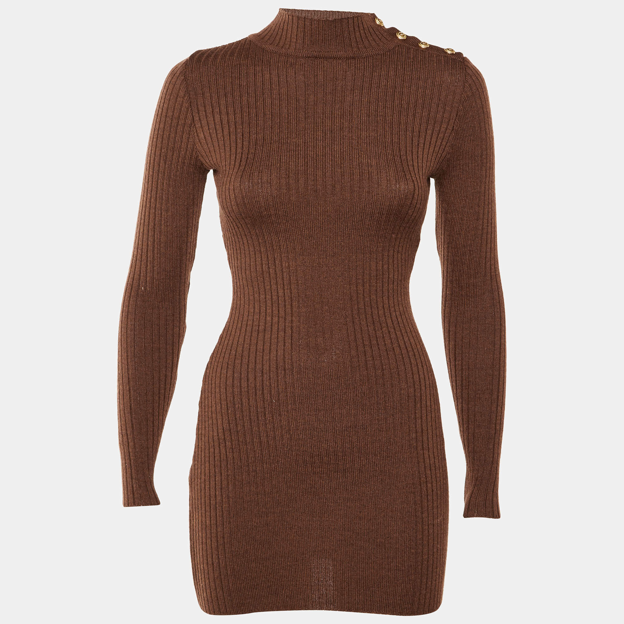 Pre Owned Balmain Brown Merino Wool Knit Bodycon Dress S