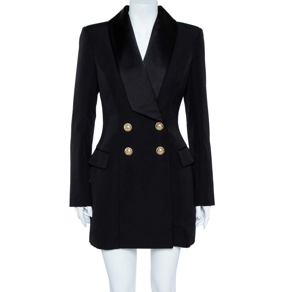 Pre Owned Balmain Black Double Beasted Wool Blazer Dress M