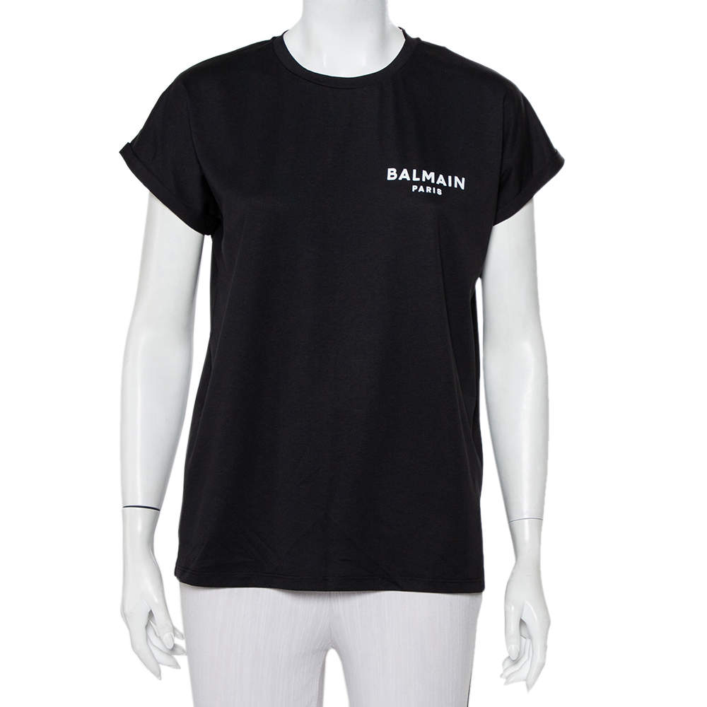 Pre Owned Balmain Black Logo Printed Cotton Crewneck Oversized T-Shirt XS