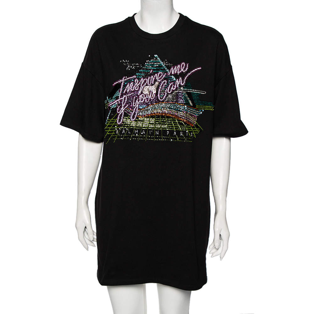 Balmain Black Cotton Embellished Oversized Round Neck T-Shirt S