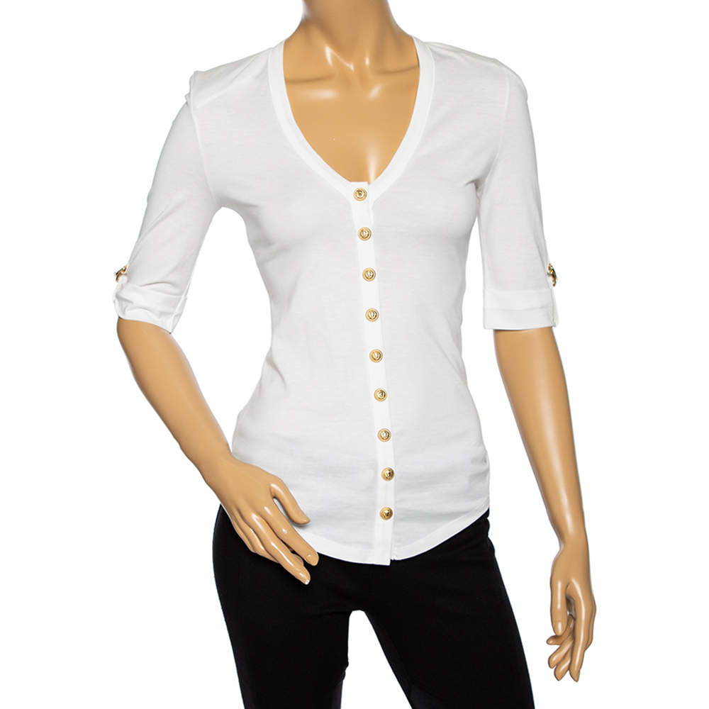 Balmain White Cotton Button Front V-Neck Half Sleeve T-Shirt S