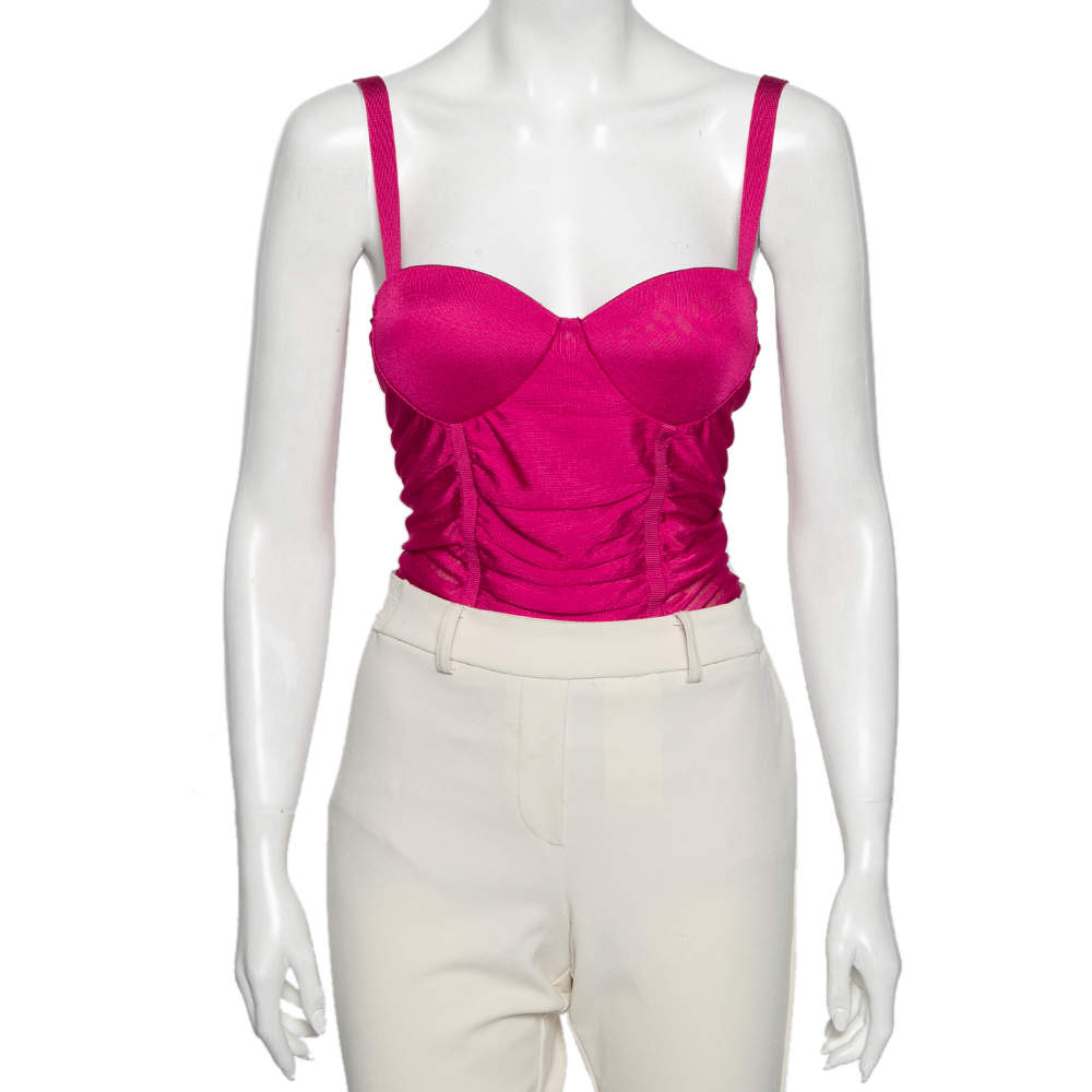 Pre Owned Balmain Pink Knit Ruched Sleeveless Bodysuit S