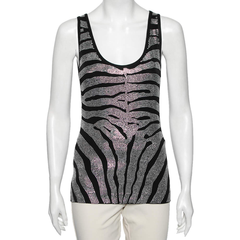 Pre Owned Balmain Black Rhinestone Zebra Pattern Embellished Jersey Top S