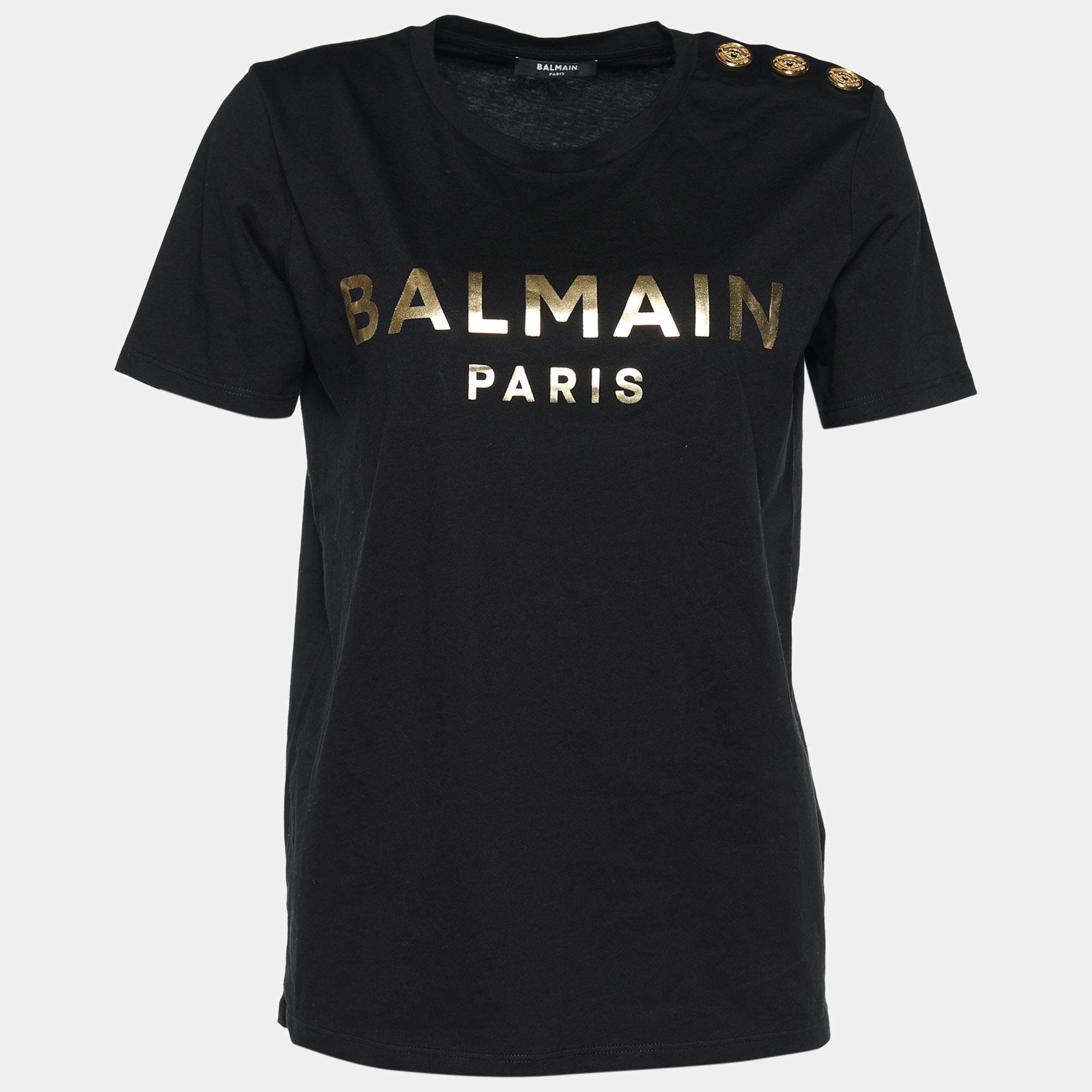 Pre Owned Balmain Black Logo Printed Cotton Short Sleeve T-Shirt XS