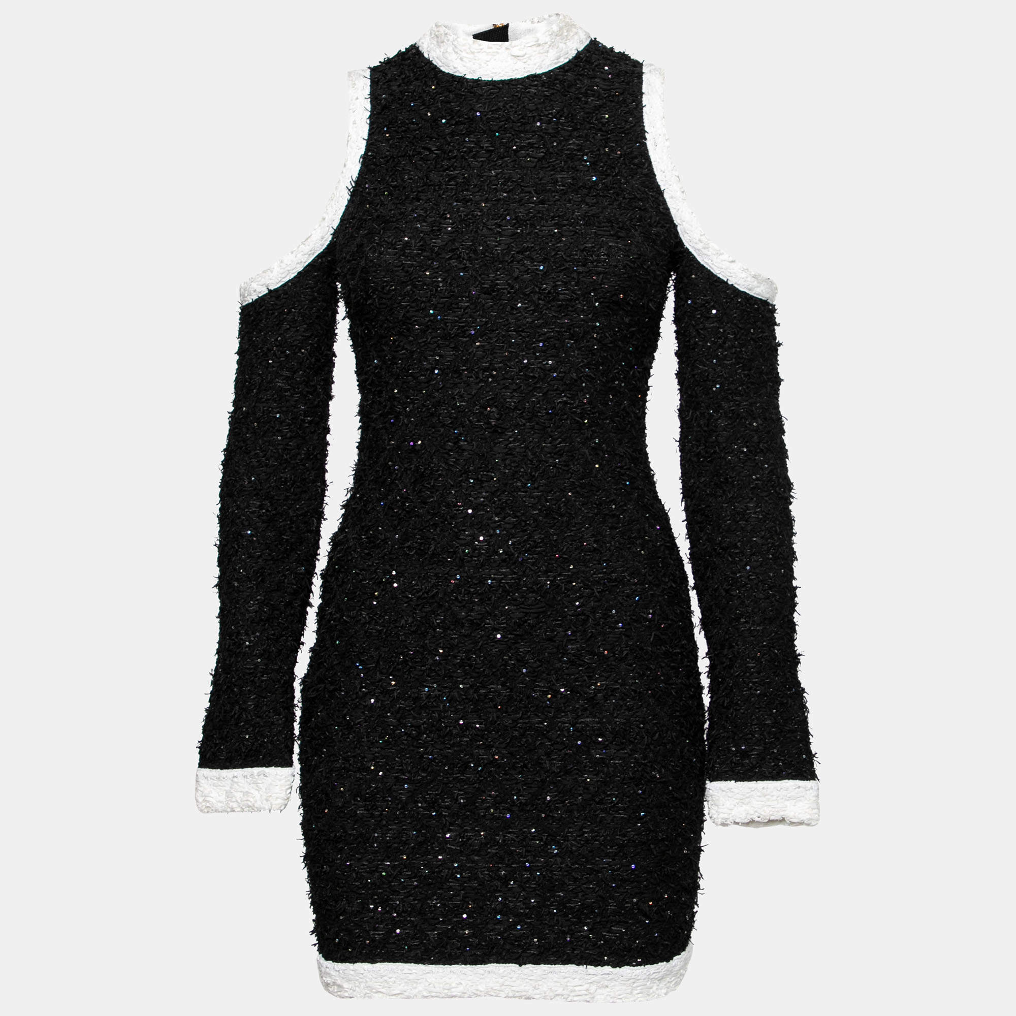 Pre Owned Balmain Black Sequin Embellished Boucle Cold Shoulder Short Dress M