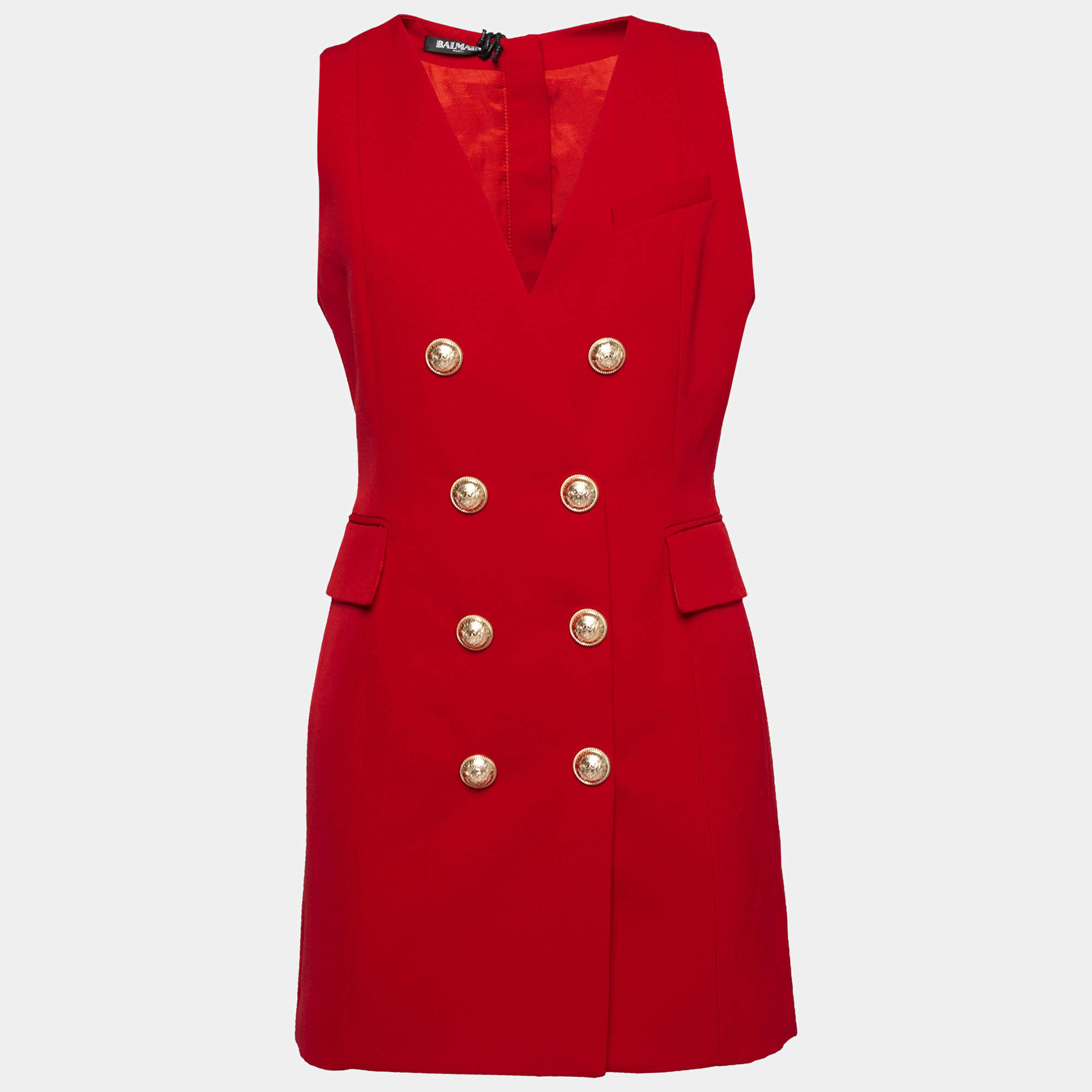 Pre Owned Balmain Red Wool Double Breasted Sleeveless Blazer Dress M