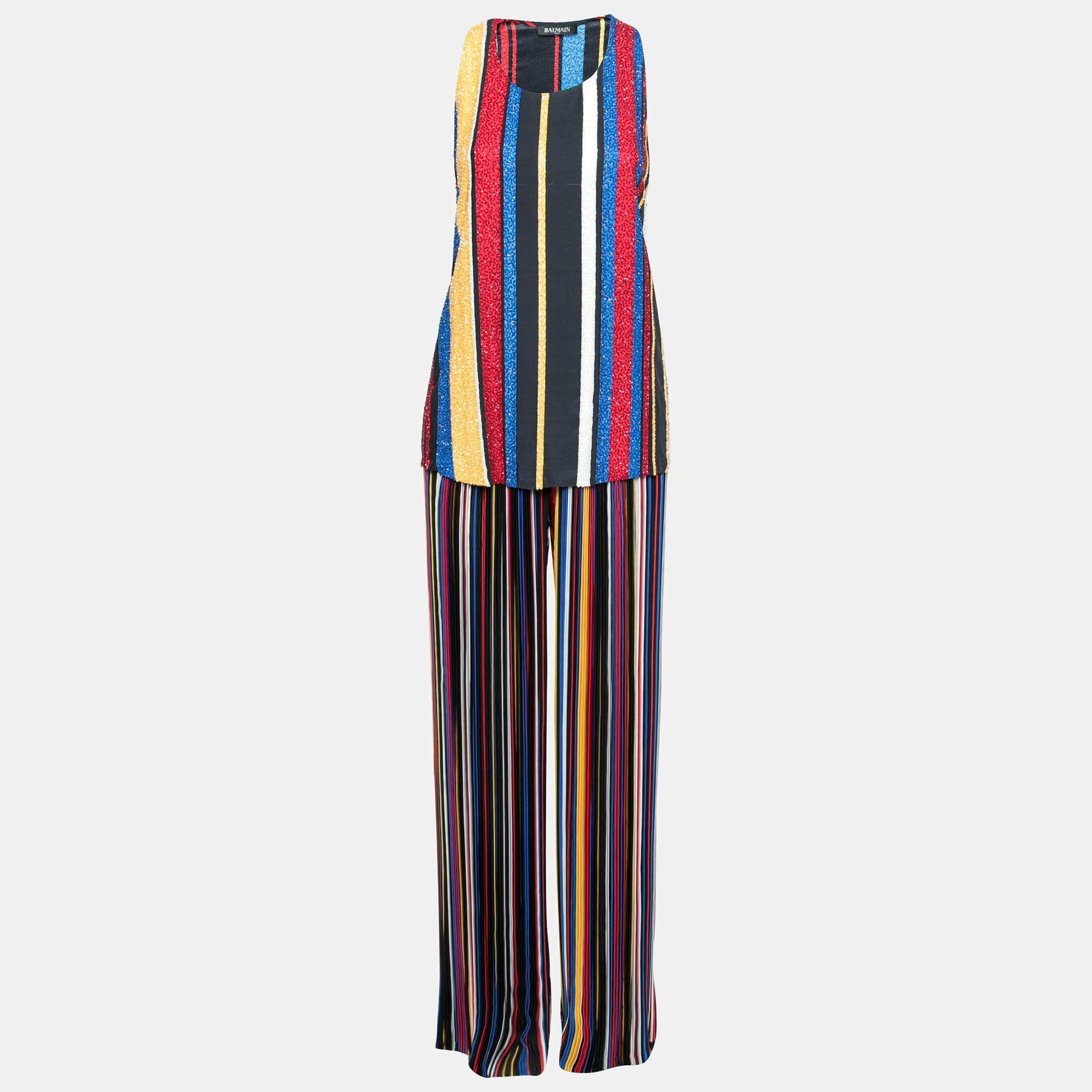 Balmain Multicolor Striped Silk Bead Embellished Top & Pleated Pant Set M