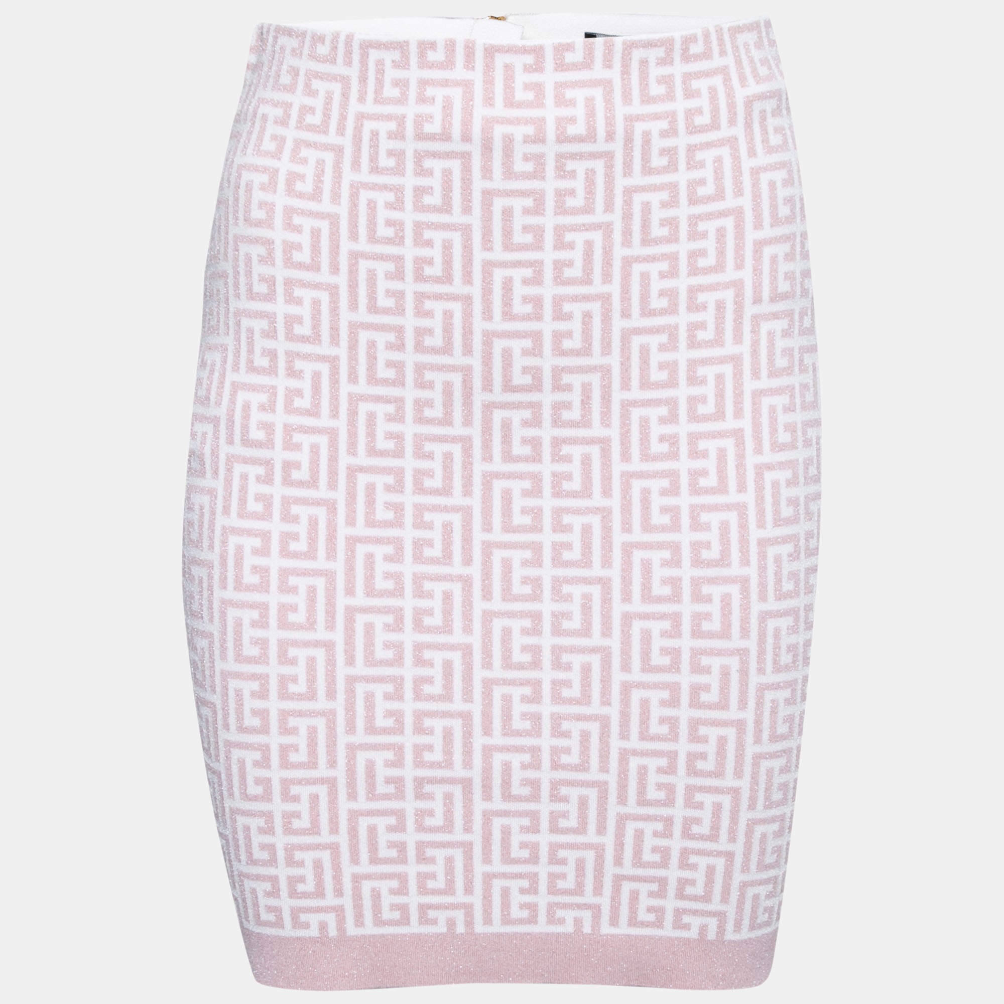 Pre Owned Balmain Pink Jacquard Lurex Knit Mini Skirt M