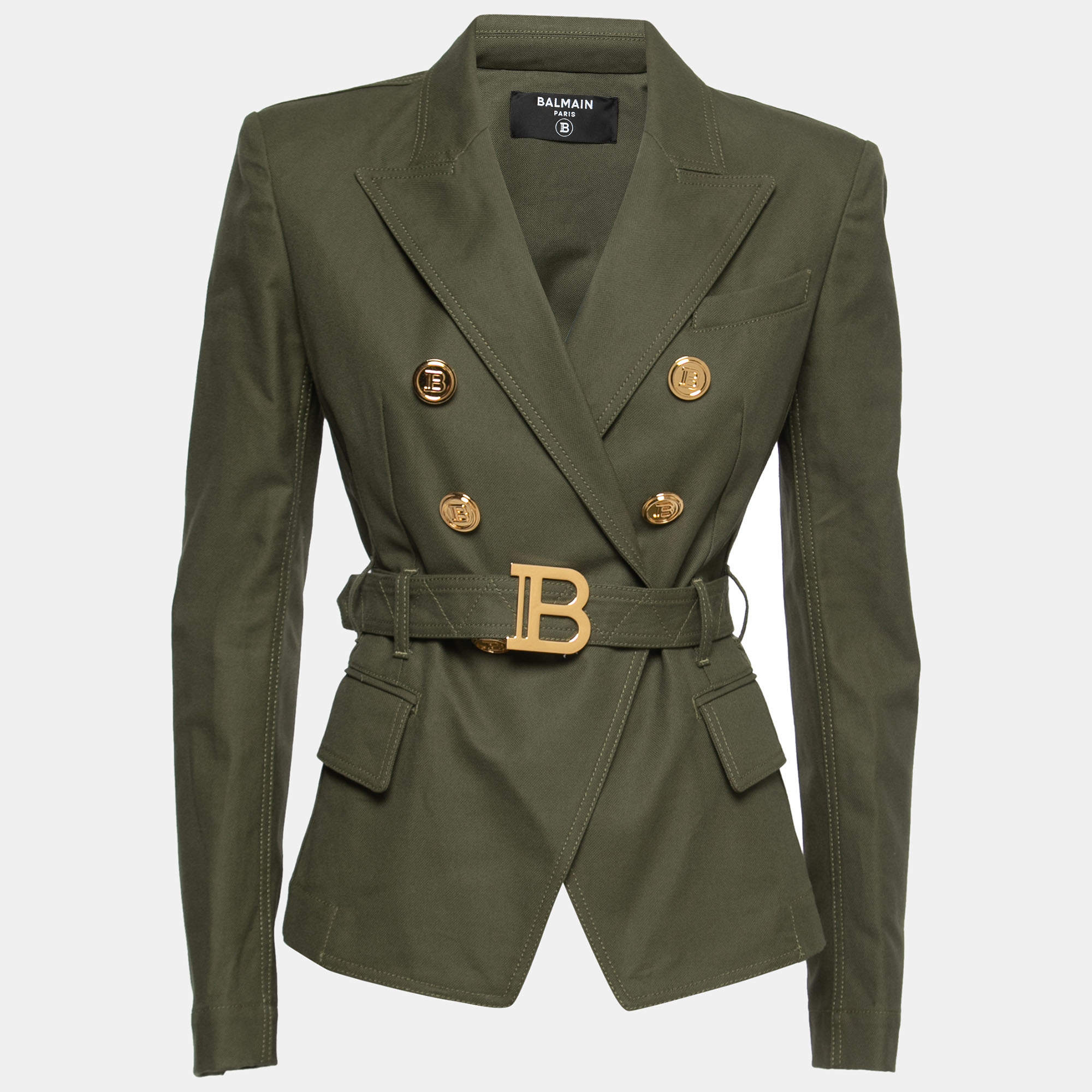 Pre Owned Balmain Olive Green Cotton Double Breasted Belted Blazer M