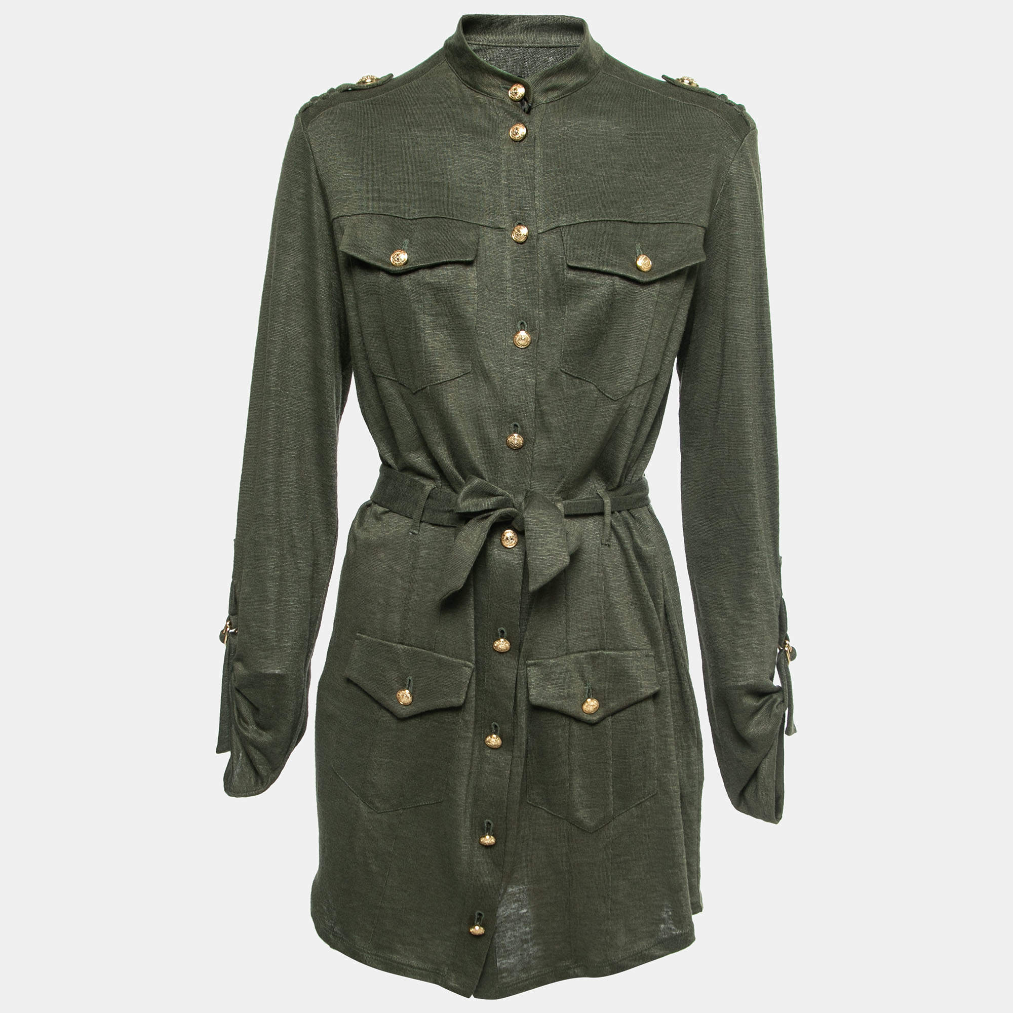 Balmain Kaki Green Knit Button-Embellished Belted Mini Dress M 