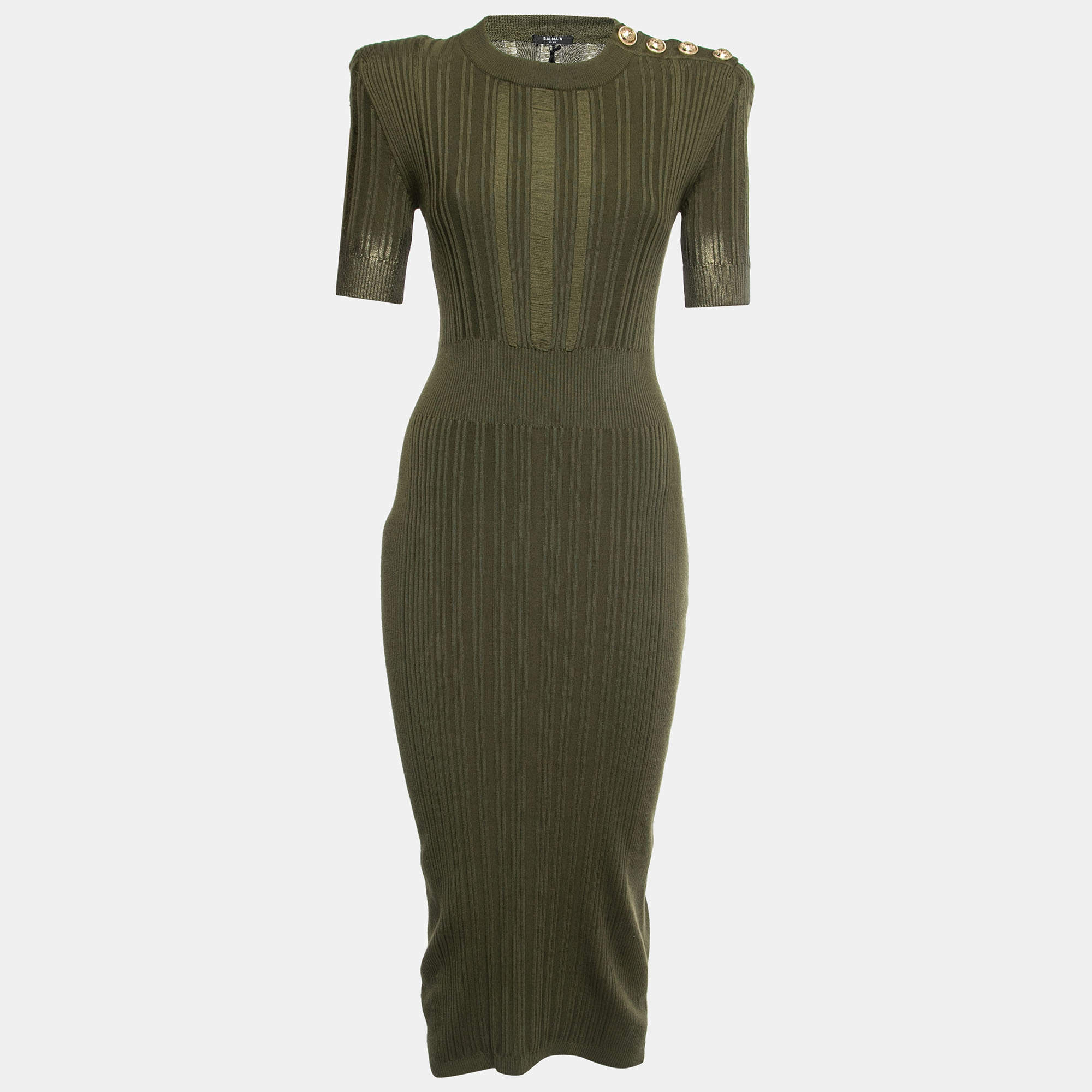 Pre Owned Balmain Olive Green Stretch Knit Midi Dress M