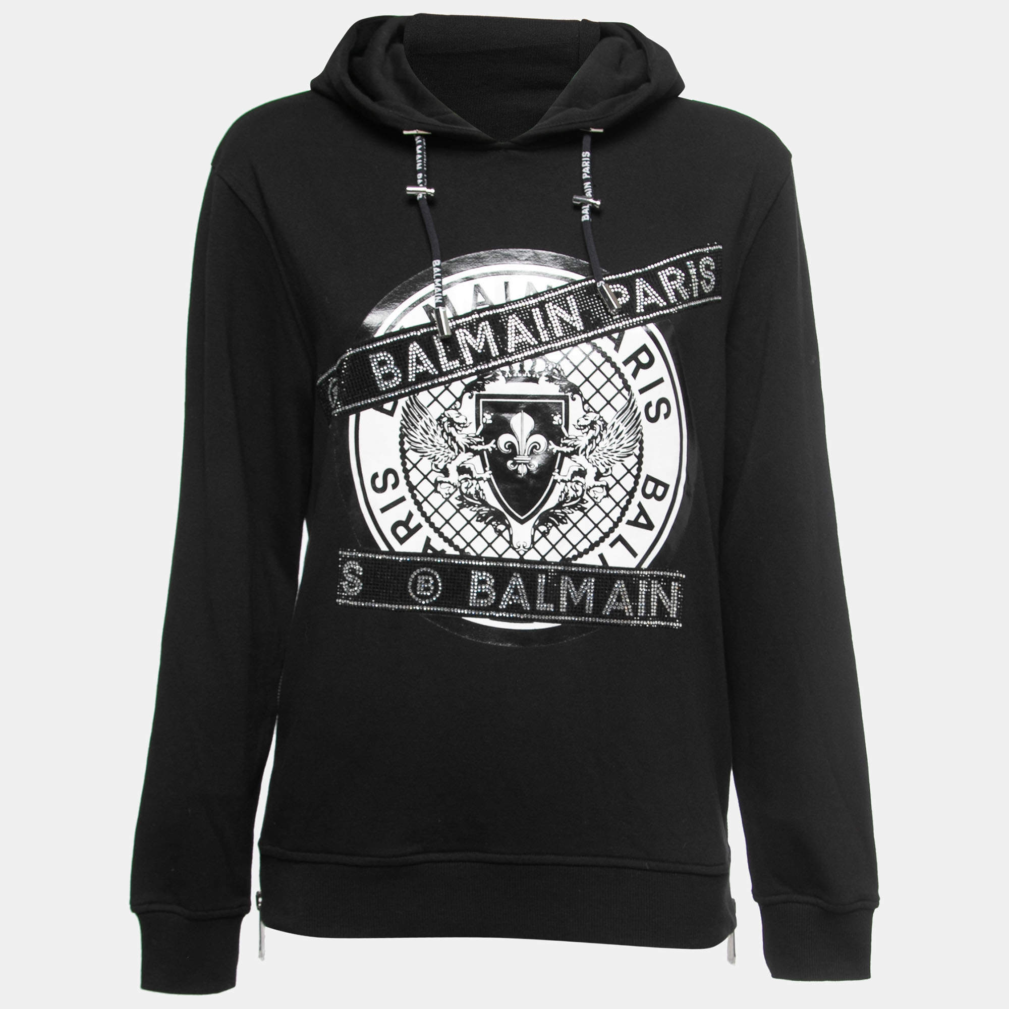 Pre Owned Balmain Black Cotton Rhinestone Embellished Hooded Sweatshirt S